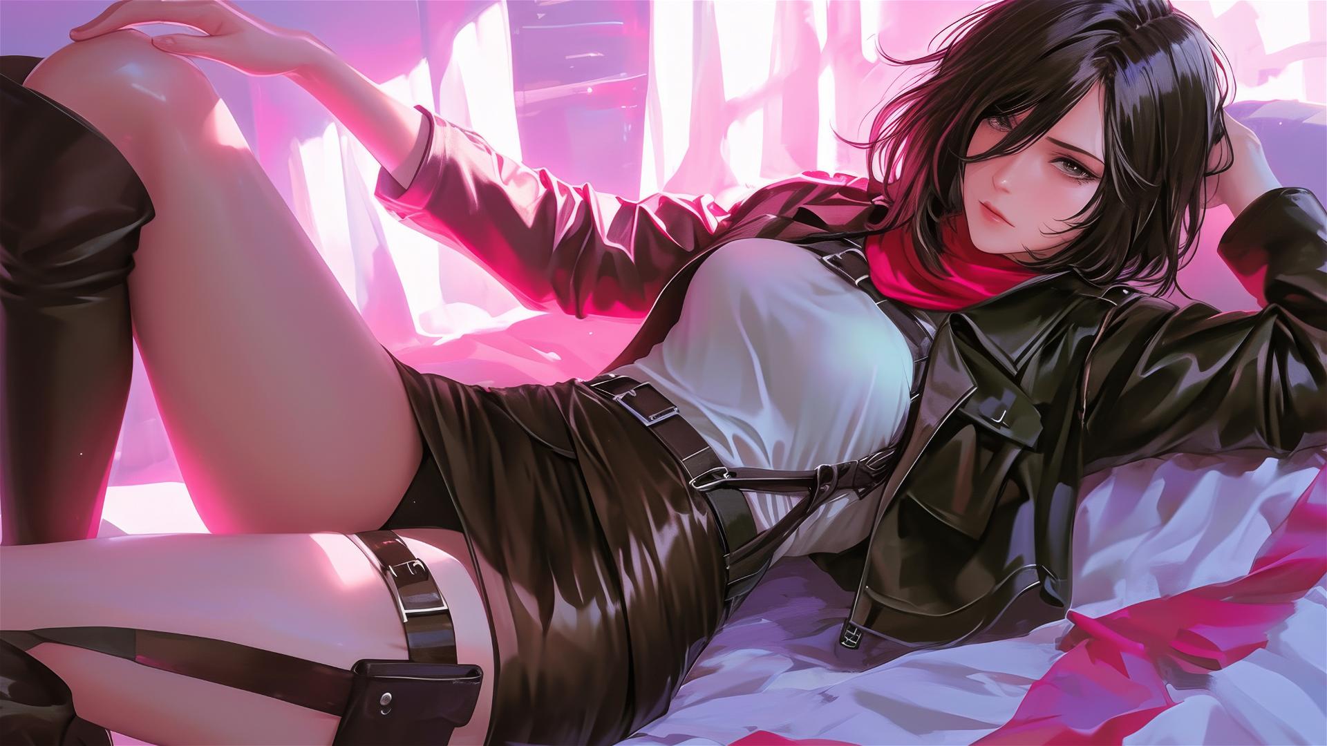 Mikasa Ackerman lounging in neon-lit attire, hyper-realistic anime style.
