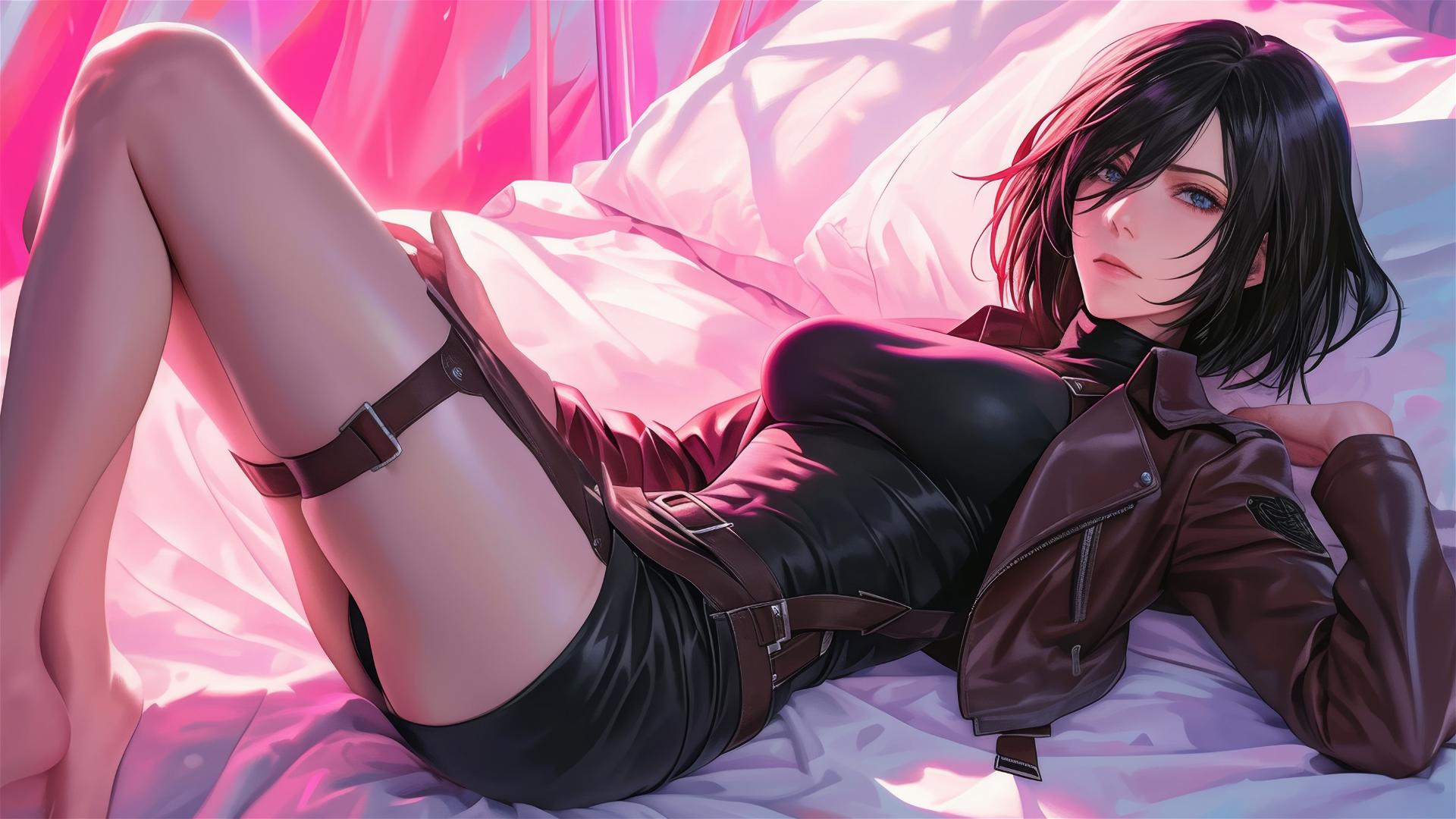 Mikasa Ackerman lounging in neon pink lighting, black and pink leather attire.