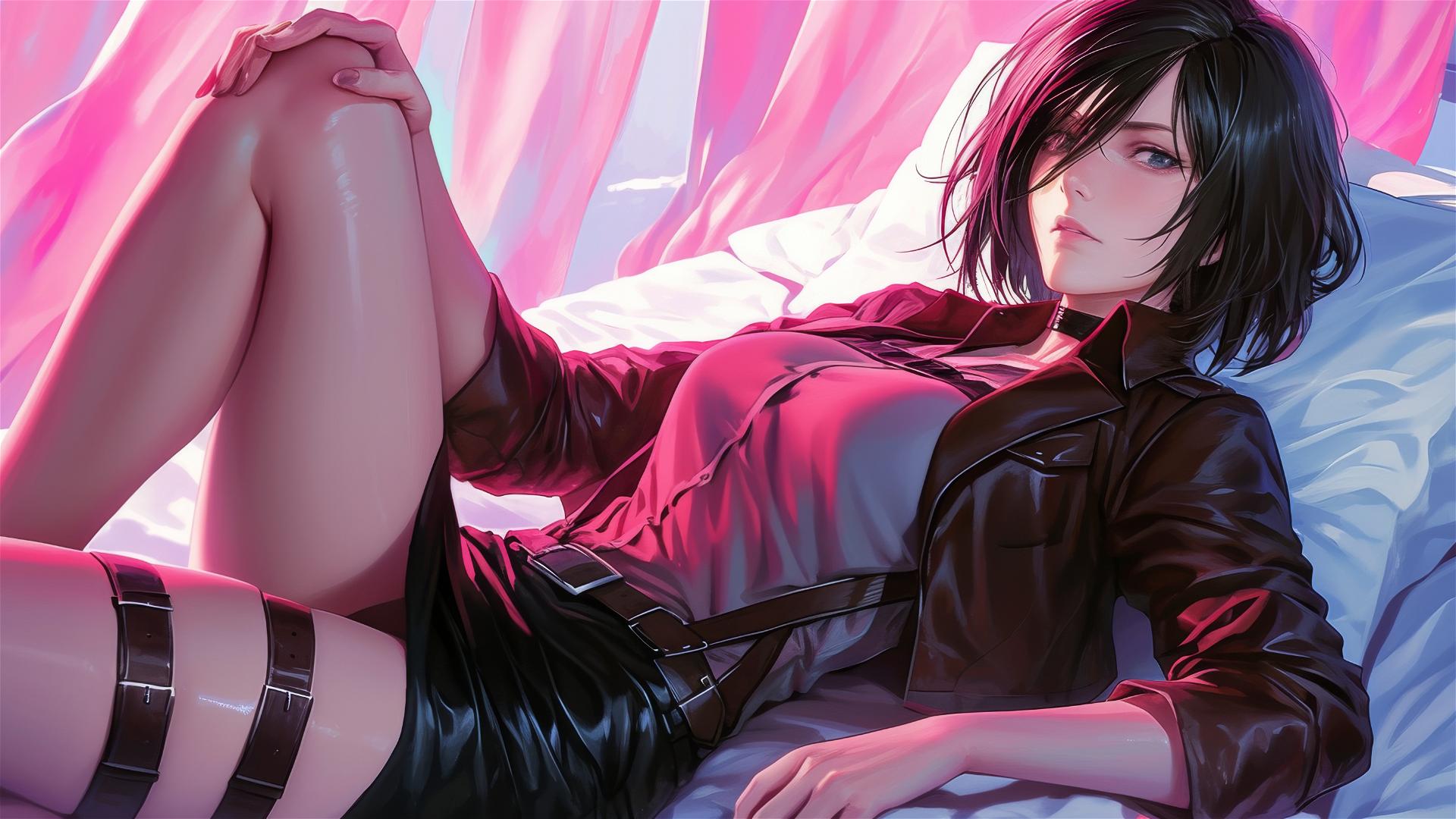 Mikasa Ackerman lounging in neon pink lighting, black and pink leather attire.