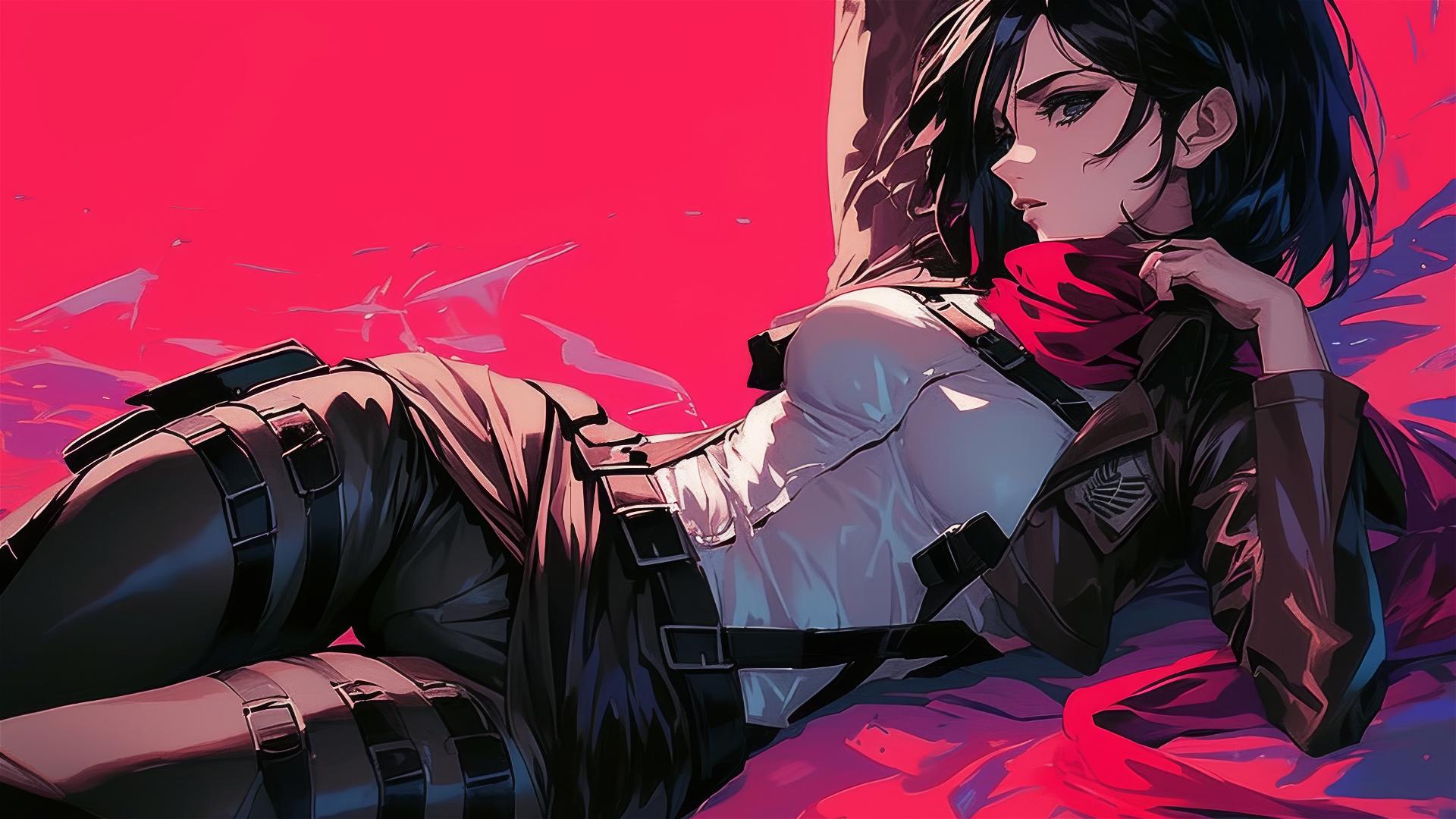 Mikasa Ackerman in black and pink leather, with swirling air, neon pink backdrop.