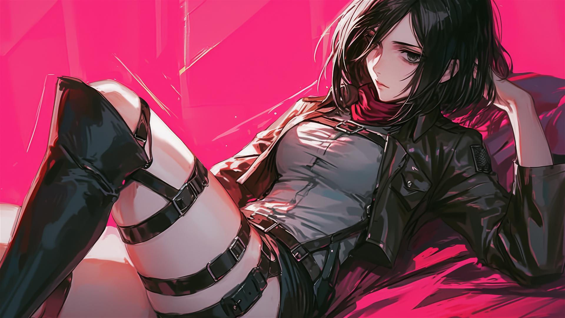 Mikasa Ackerman in black and pink leather on a bed against a neon pink backdrop.