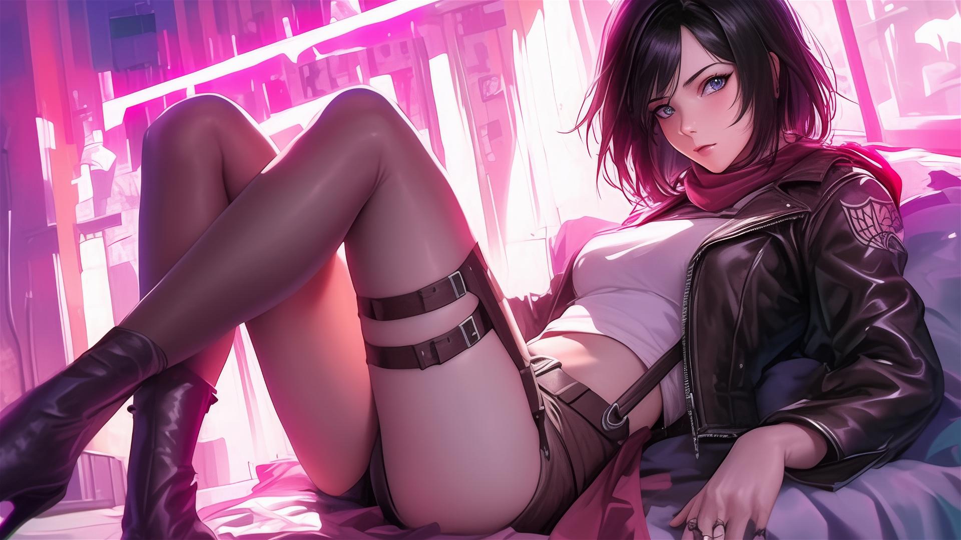 Mikasa Ackerman lounging in neon-lit attire, hyper-realistic anime style.