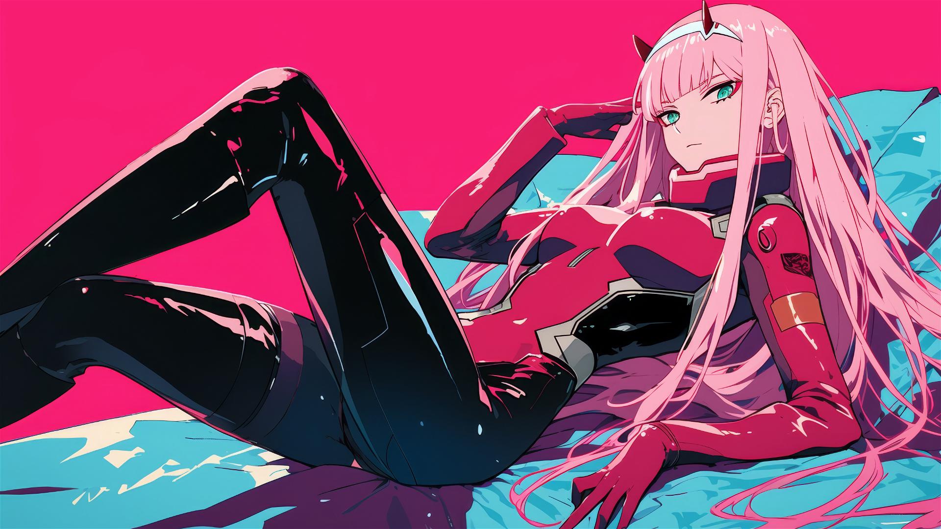 Zero Two in black and pink leather, lying with swirling air, neon pink backdrop.