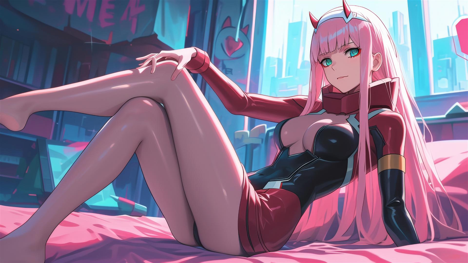Zero Two lounging in neon-lit black and pink leather attire.