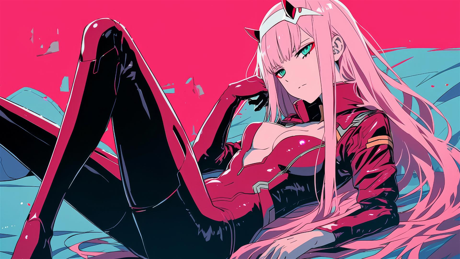 Zero Two in black and pink leather outfit on bed, neon pink glow, air swirling around legs.