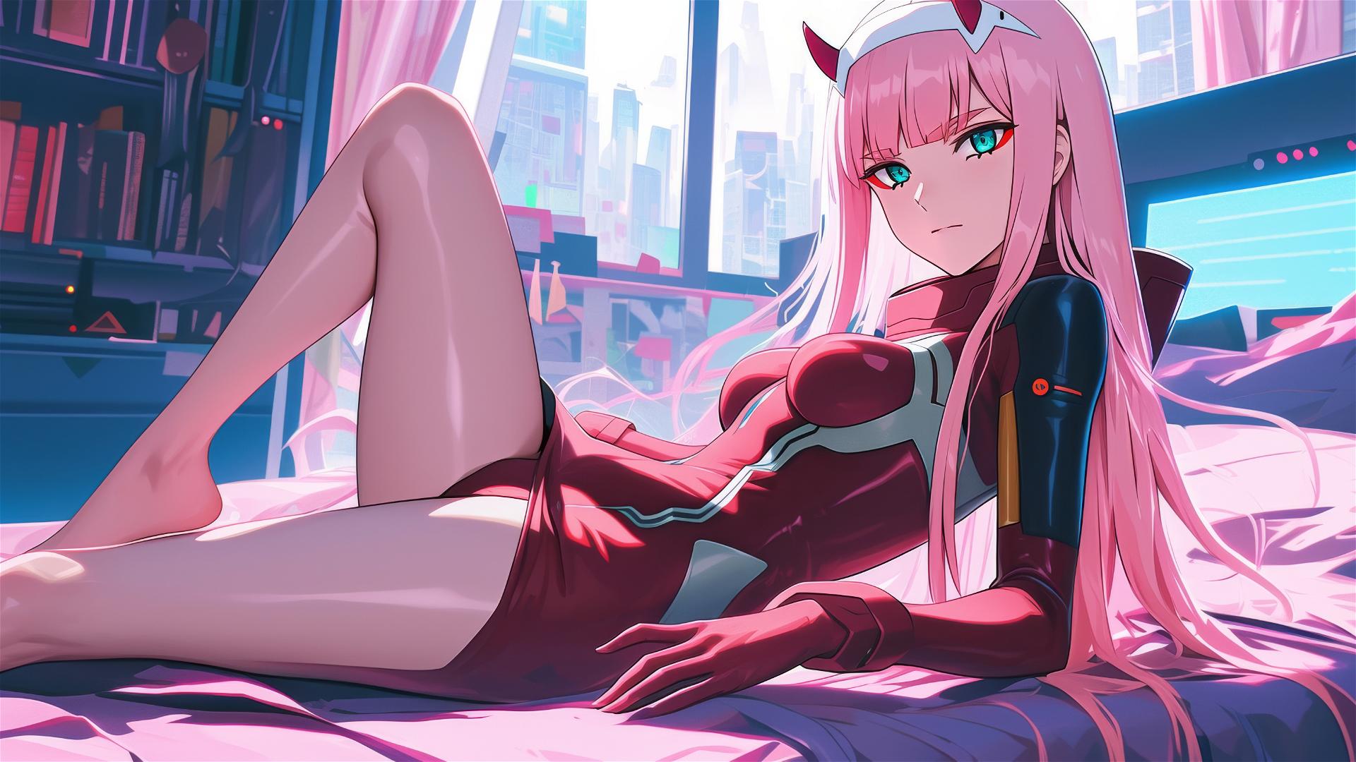 Zero Two lounging in neon pink lighting, black and pink leather attire.