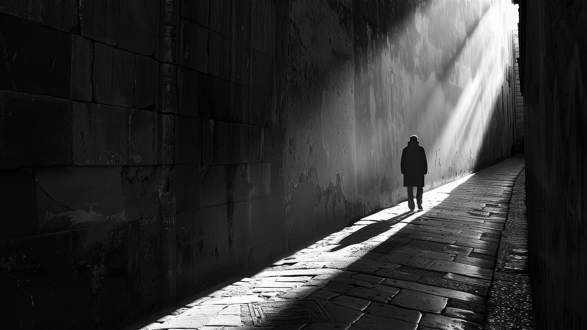 Figure at the edge of light and shadow in an alley, in black and gray tones.