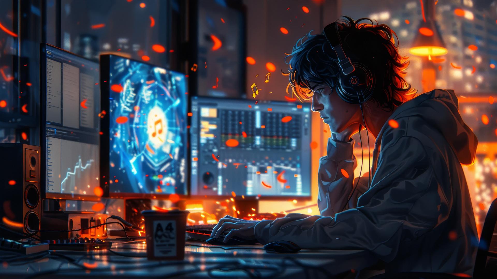 Man covering ears with floating notes in a computer room with blue tones and warm backlighting.