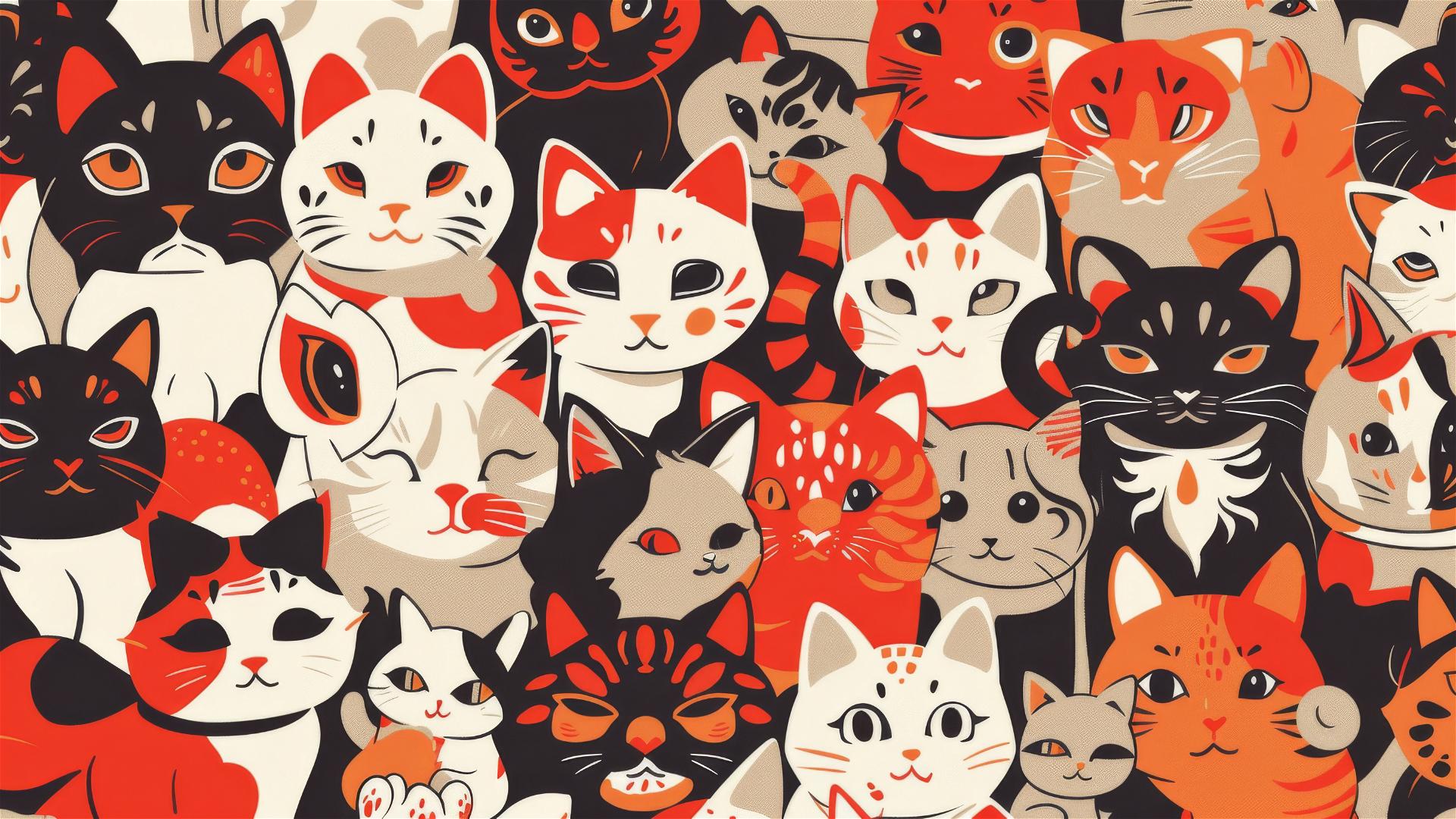 Cartoon cats in Japanese style, tileable design.