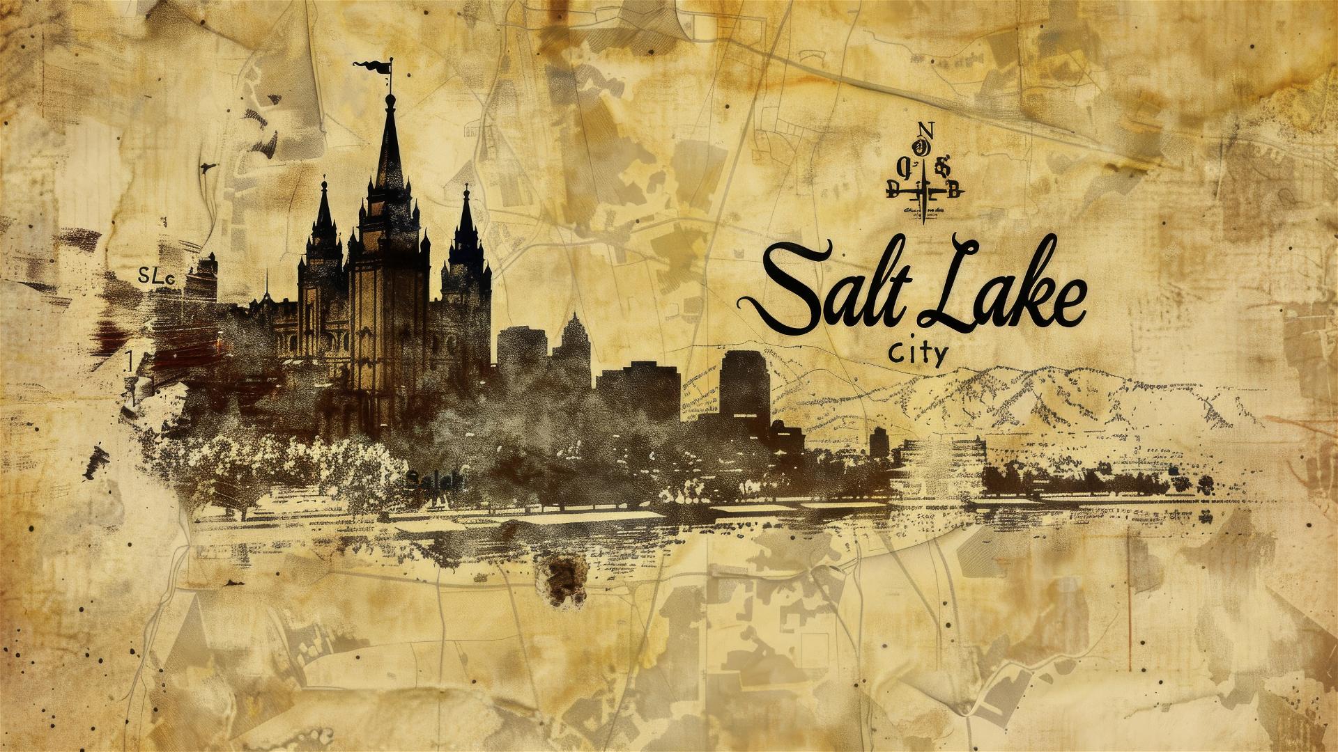Vintage map of Salt Lake City with landmarks and calligraphy on beige paper.