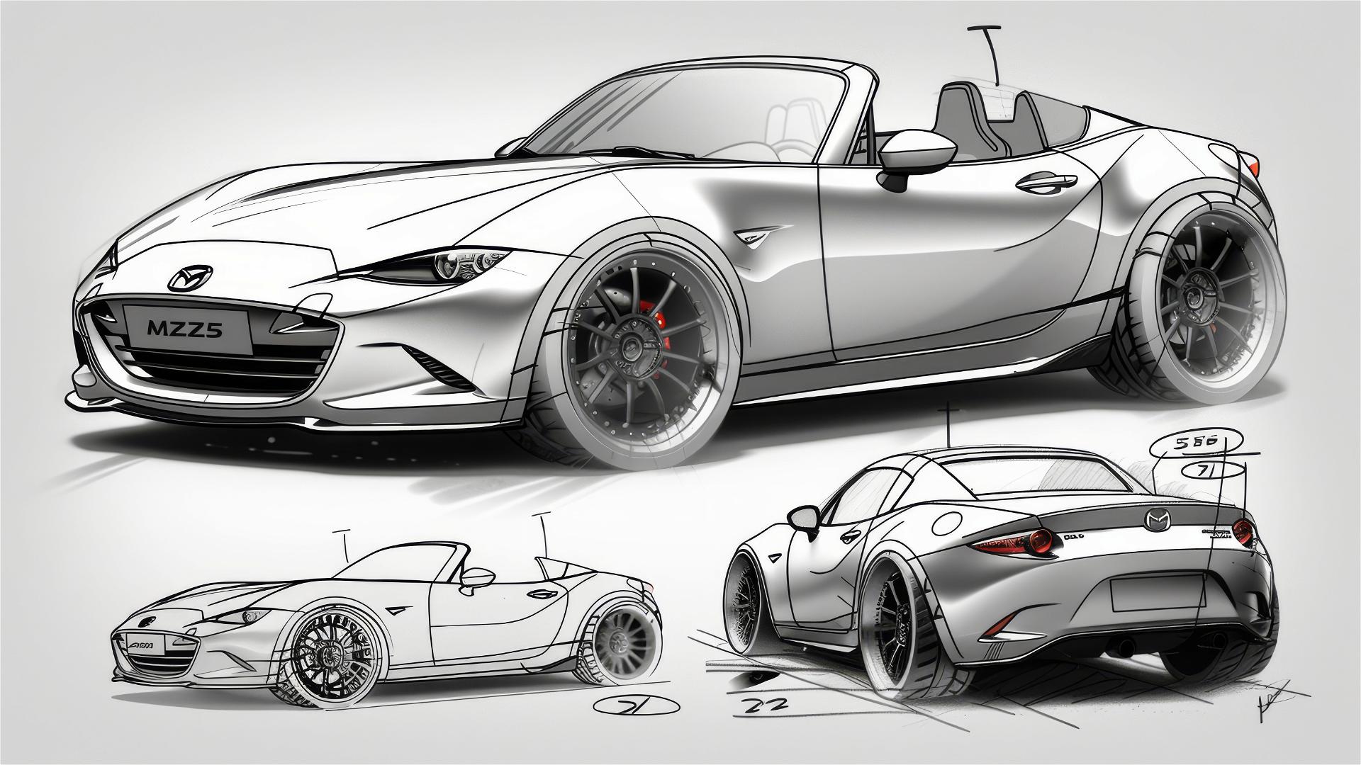 Black and white Mazda MX-5 Miata blueprint and sketch, 3/4 front view