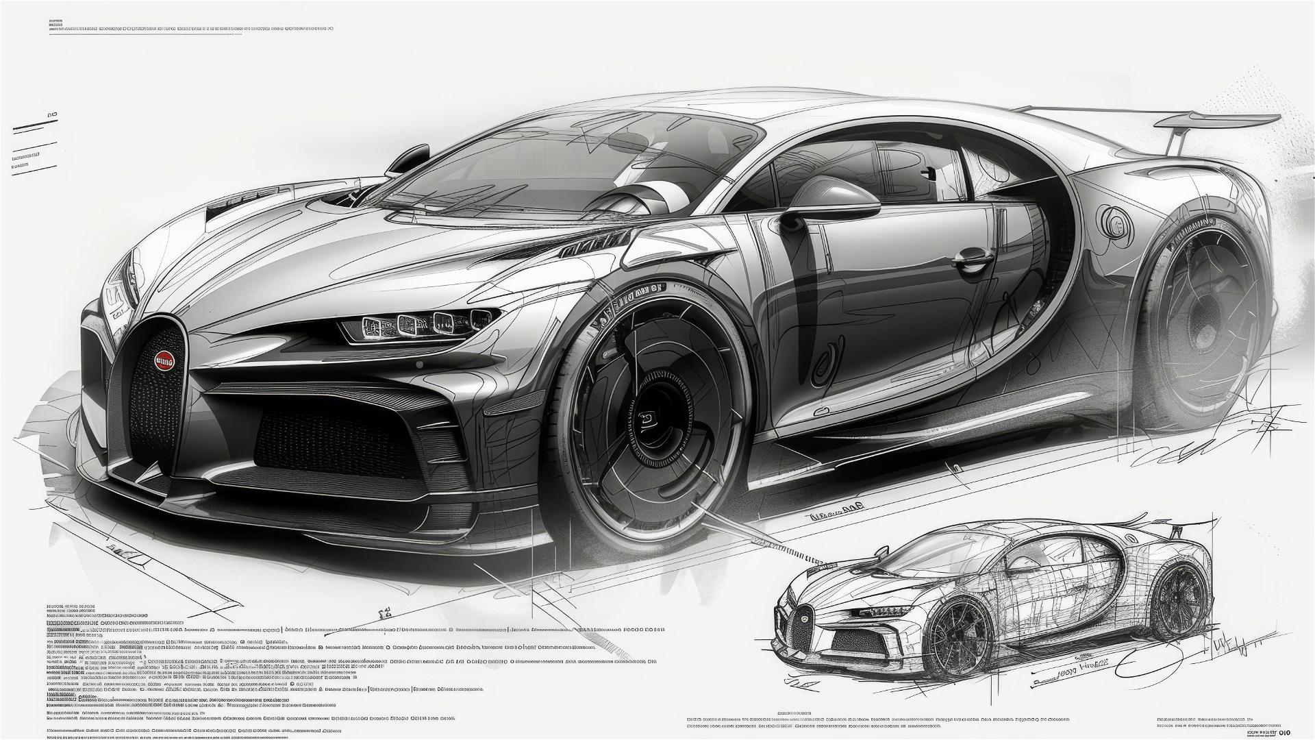 Black and white Bugatti Chiron blueprint and sketches.