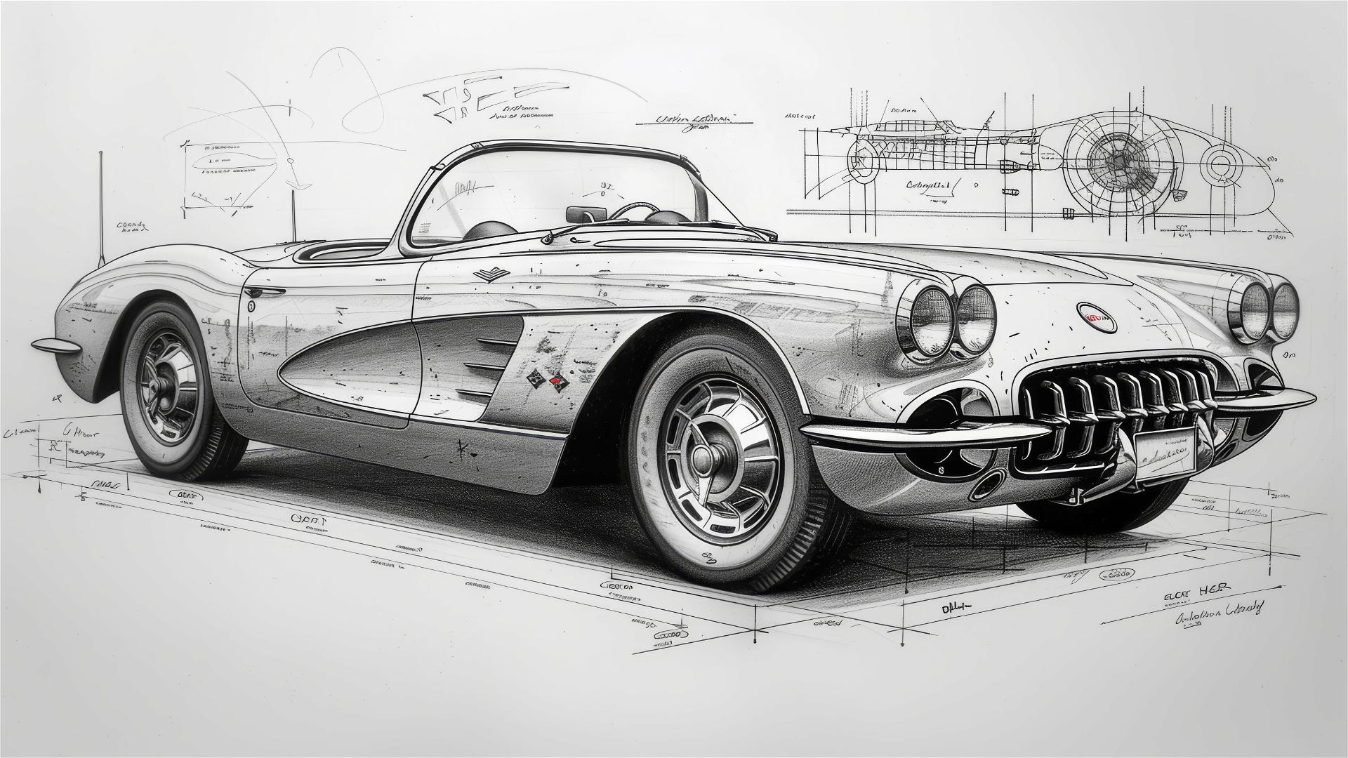 Black and white Chevrolet Corvette blueprint and front view sketch.