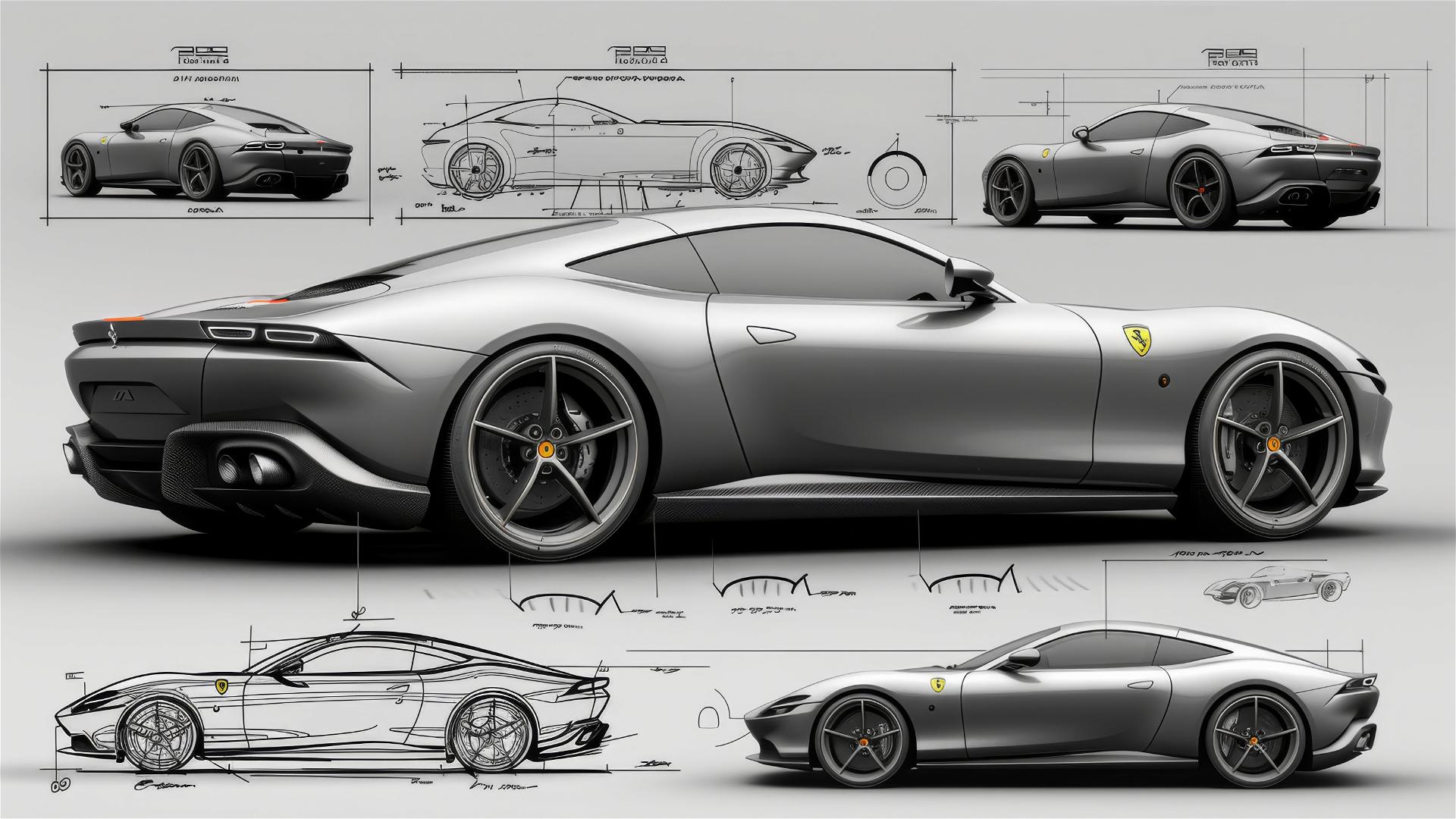 Black and white Ferrari Roma blueprint and sketches, 3/4 front view.