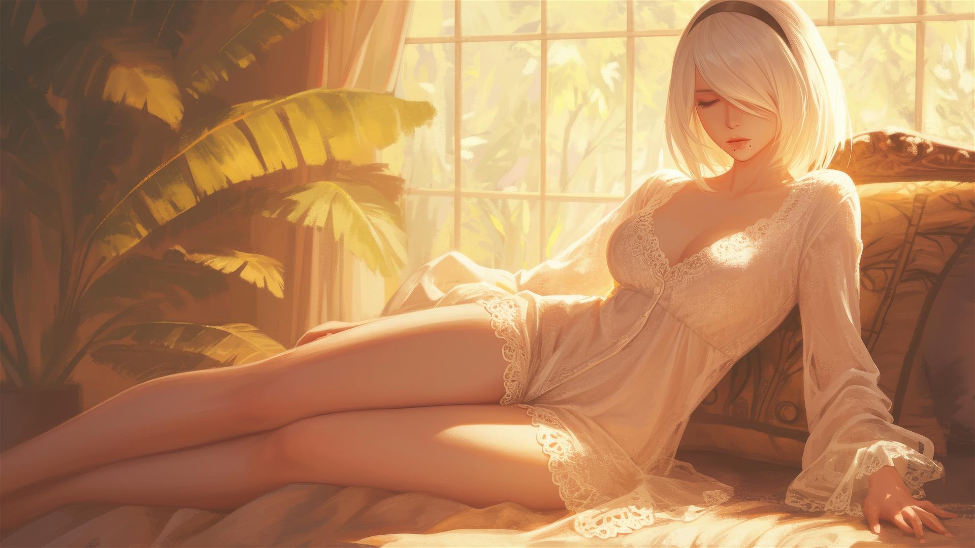 2B from Nier in white silk pajamas resting at sunrise.