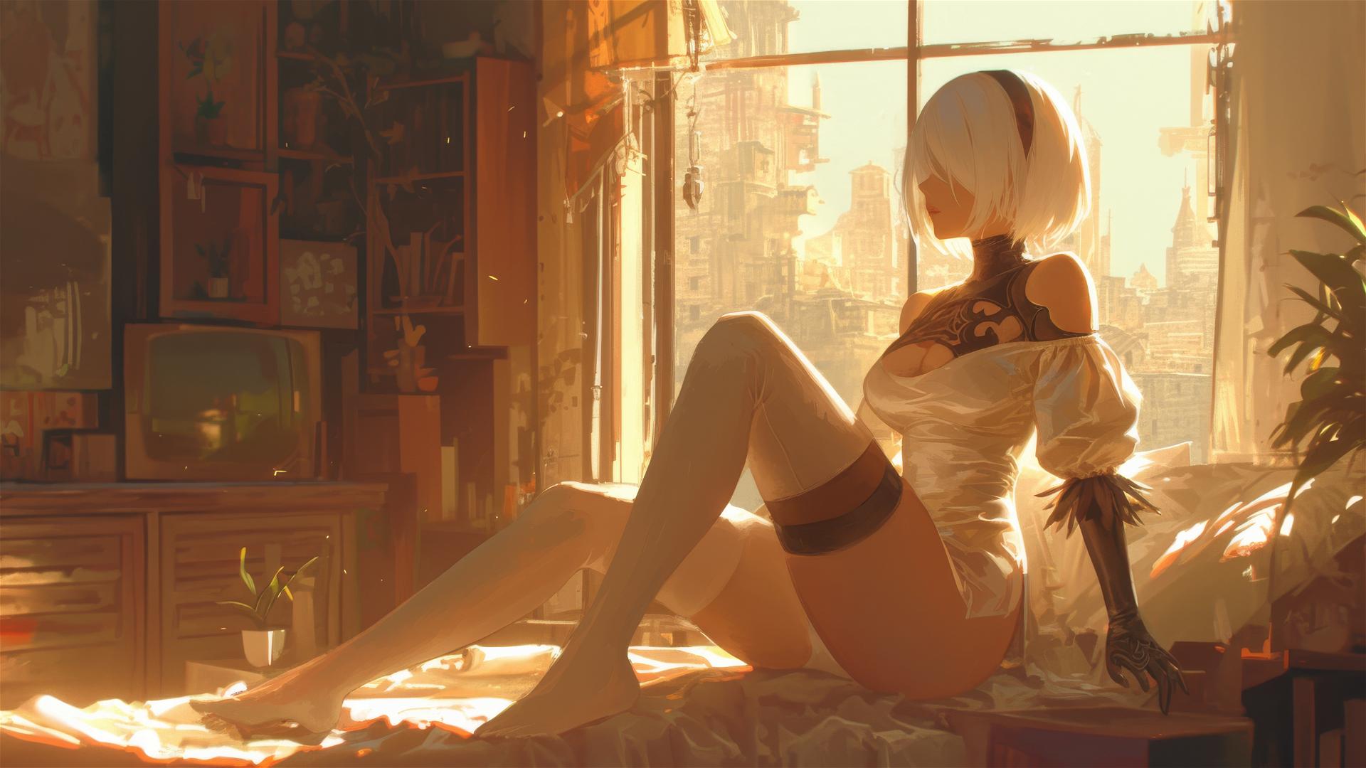 2B from Nier in white silk pajamas, basking in sunrise glow
