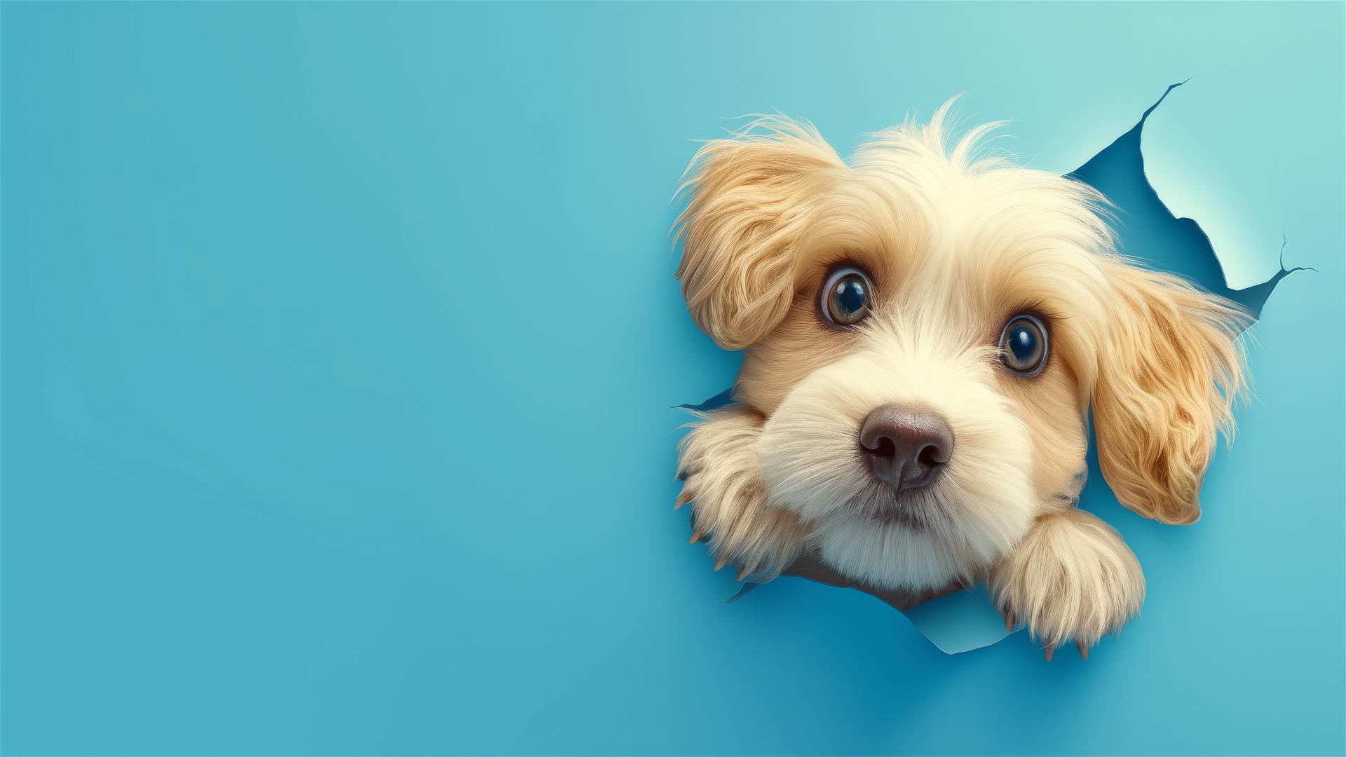 Teacup Havanese dog peeking through sky blue paper hole