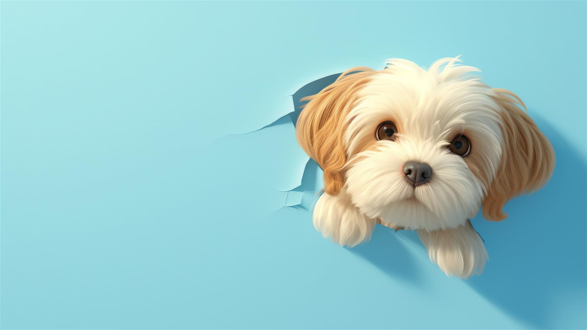 Teacup Havanese peeking through sky blue paper wall