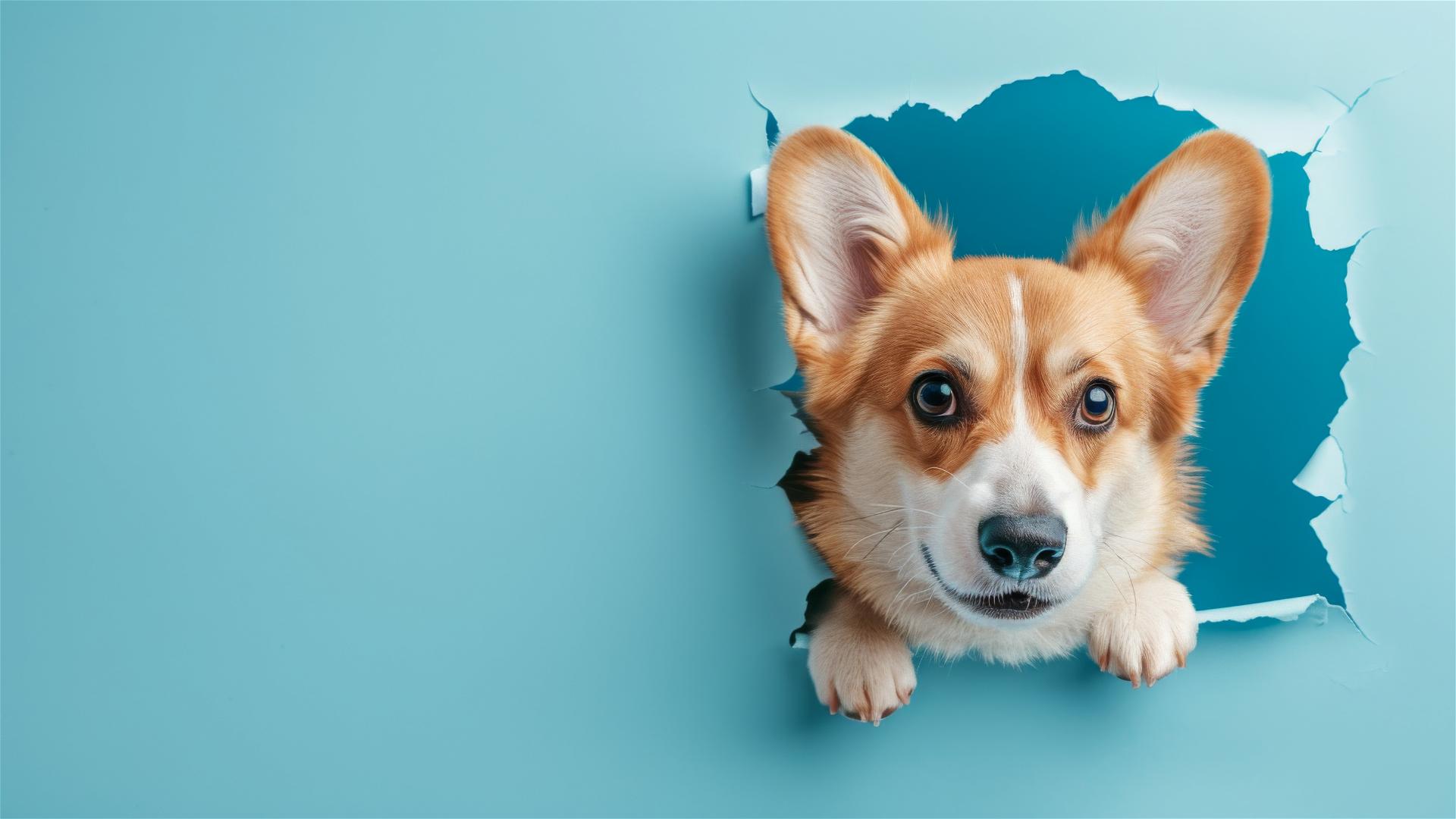 Corgi peeking through hole in sky blue wall