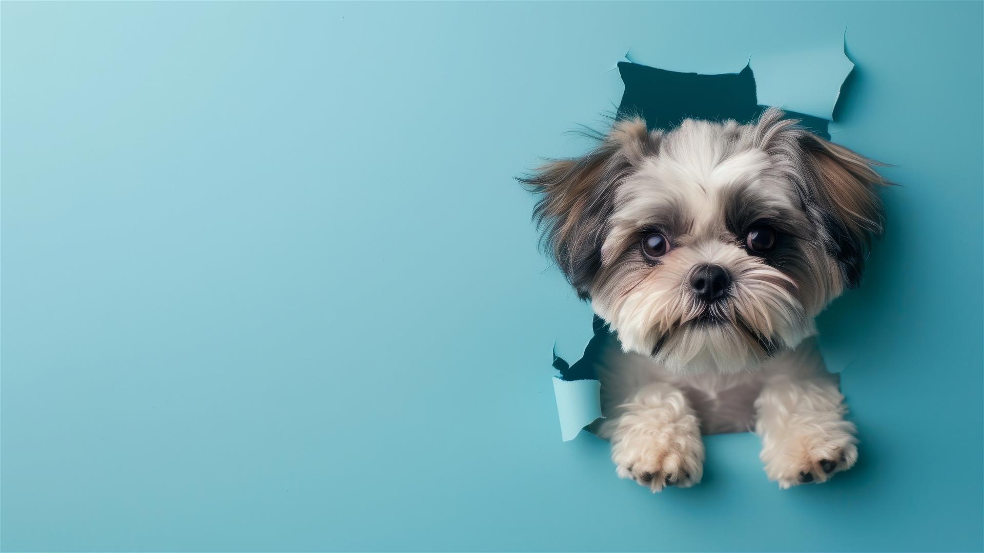 Shih Tzu peeking through hole in sky blue paper