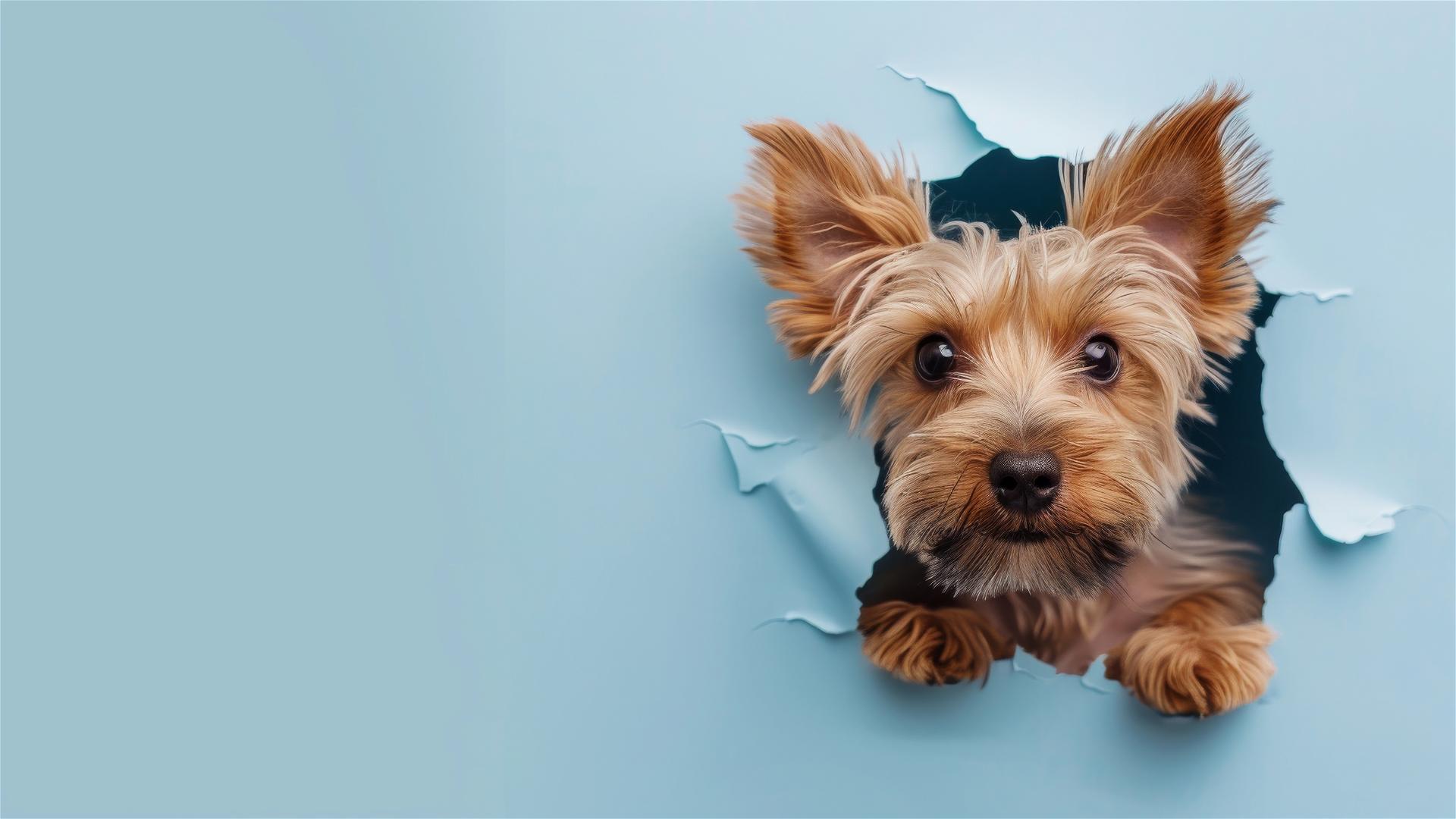 Yorkshire Terrier peeking through hole in sky blue paper