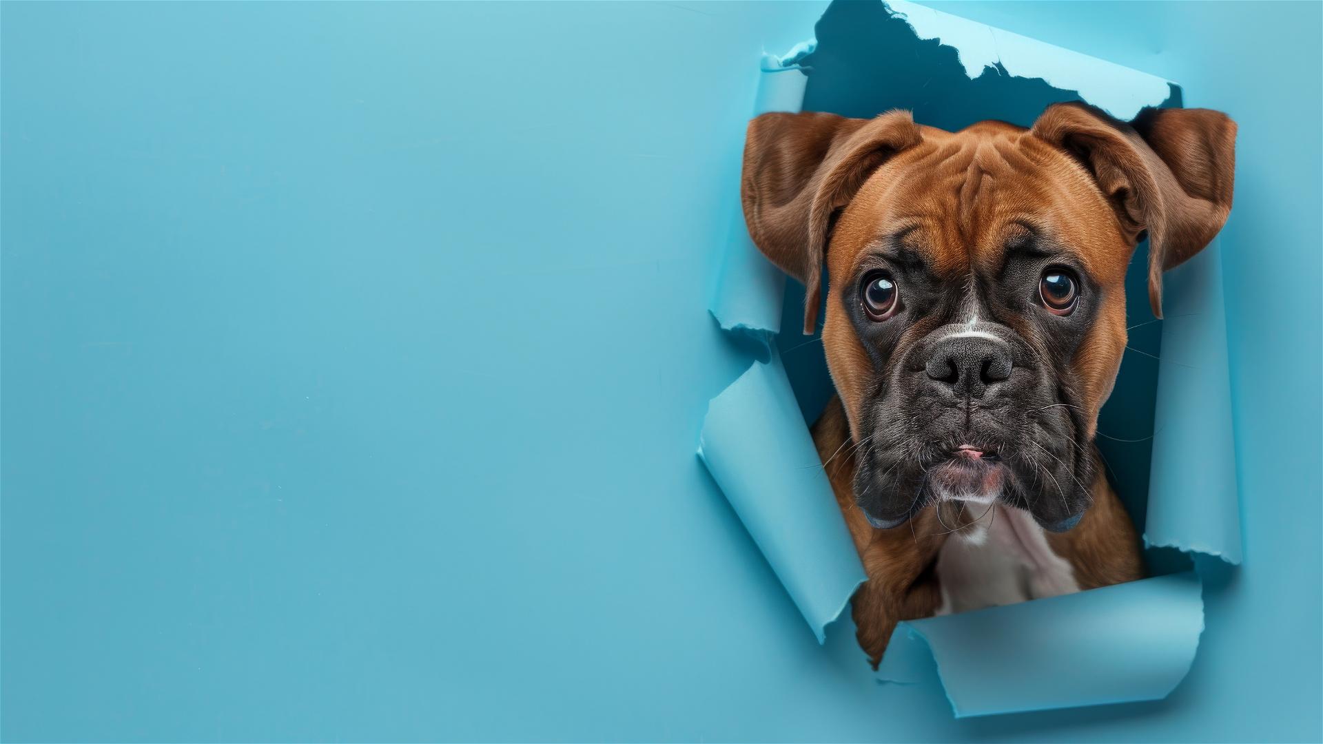 Boxer dog peeking through hole in sky blue paper