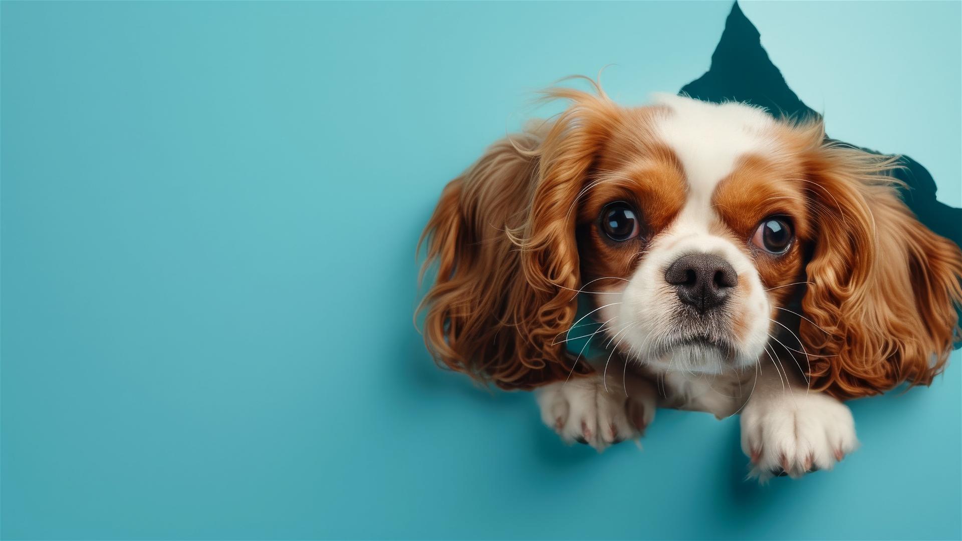 Cavalier King Charles Spaniel peeking through sky blue paper