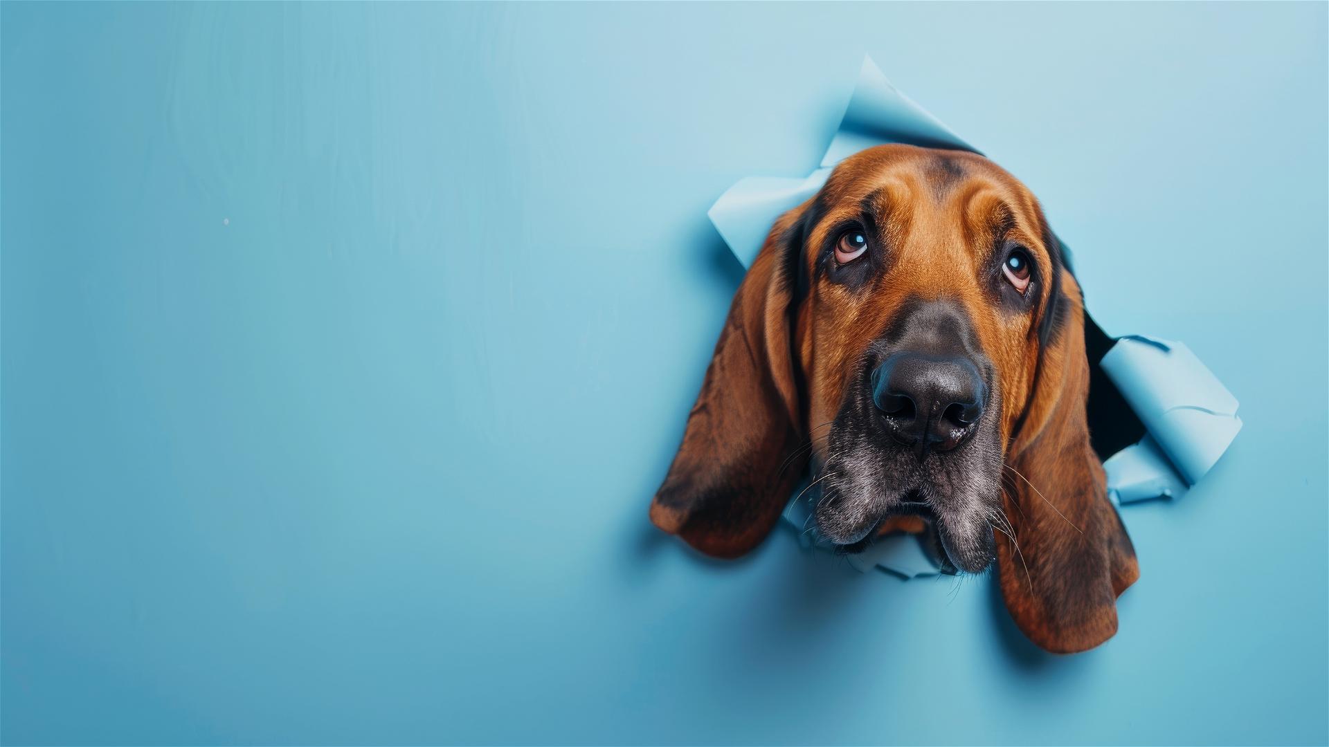 Bloodhound peeking through hole in sky blue paper