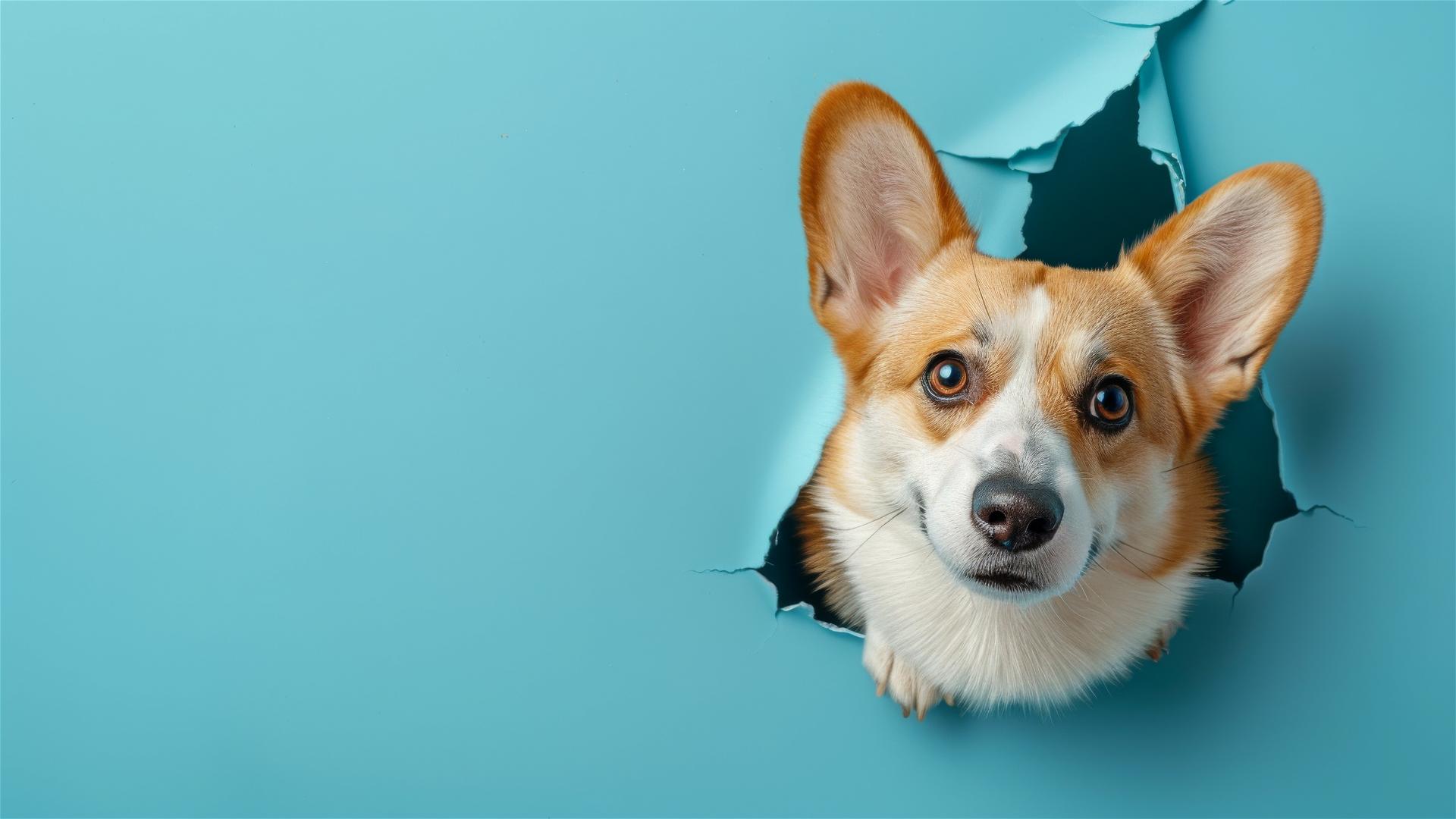 Colorful Pembroke Welsh Corgi peeking through a sky blue paper wall