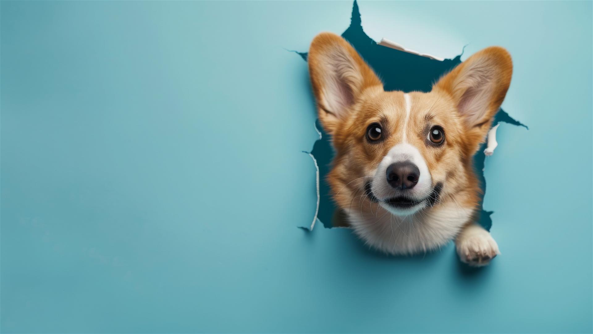 Corgi peeking through hole in sky blue paper wall