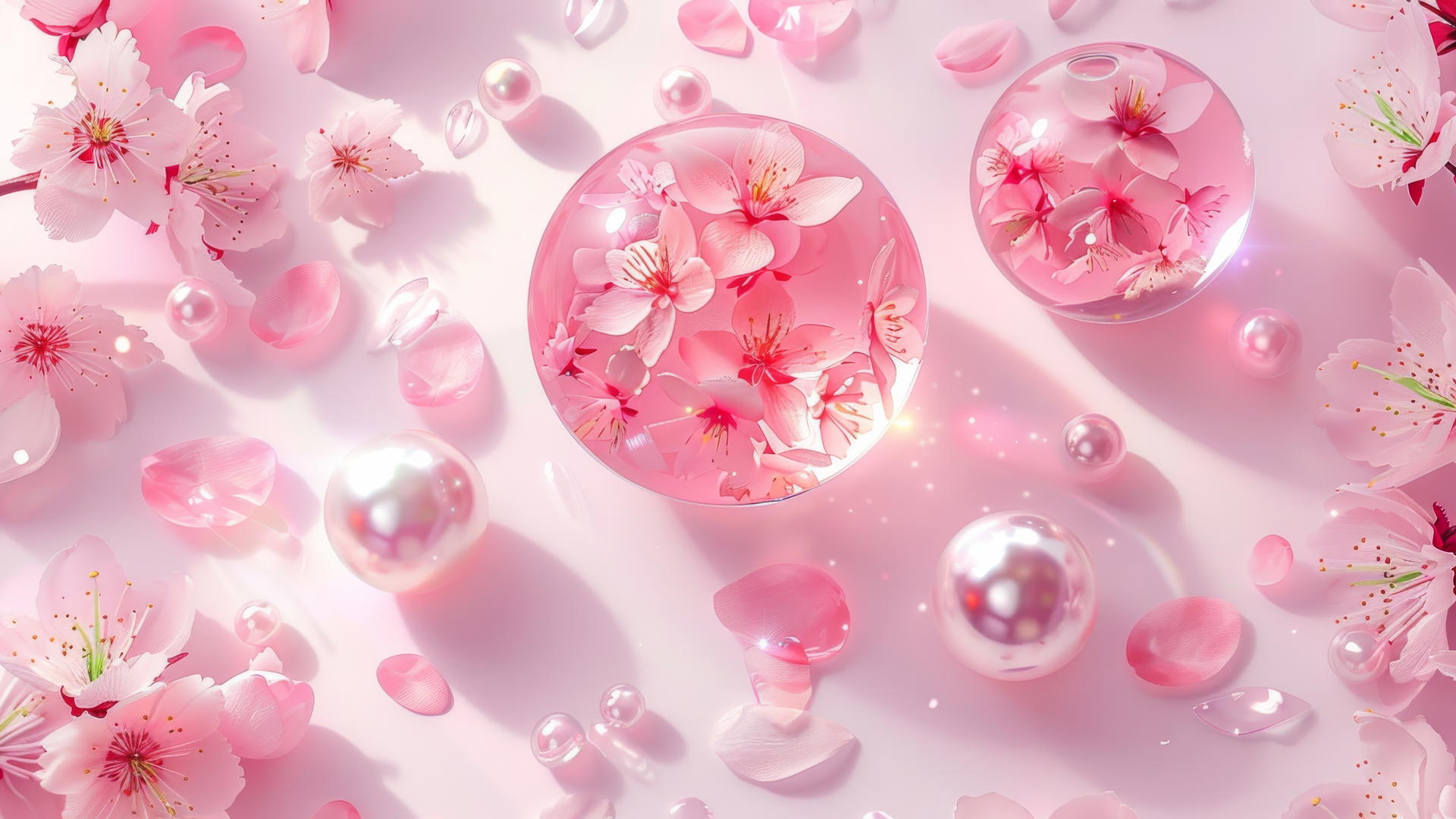Transparent pink jelly balls with cherry blossoms and pearls on a white pink background