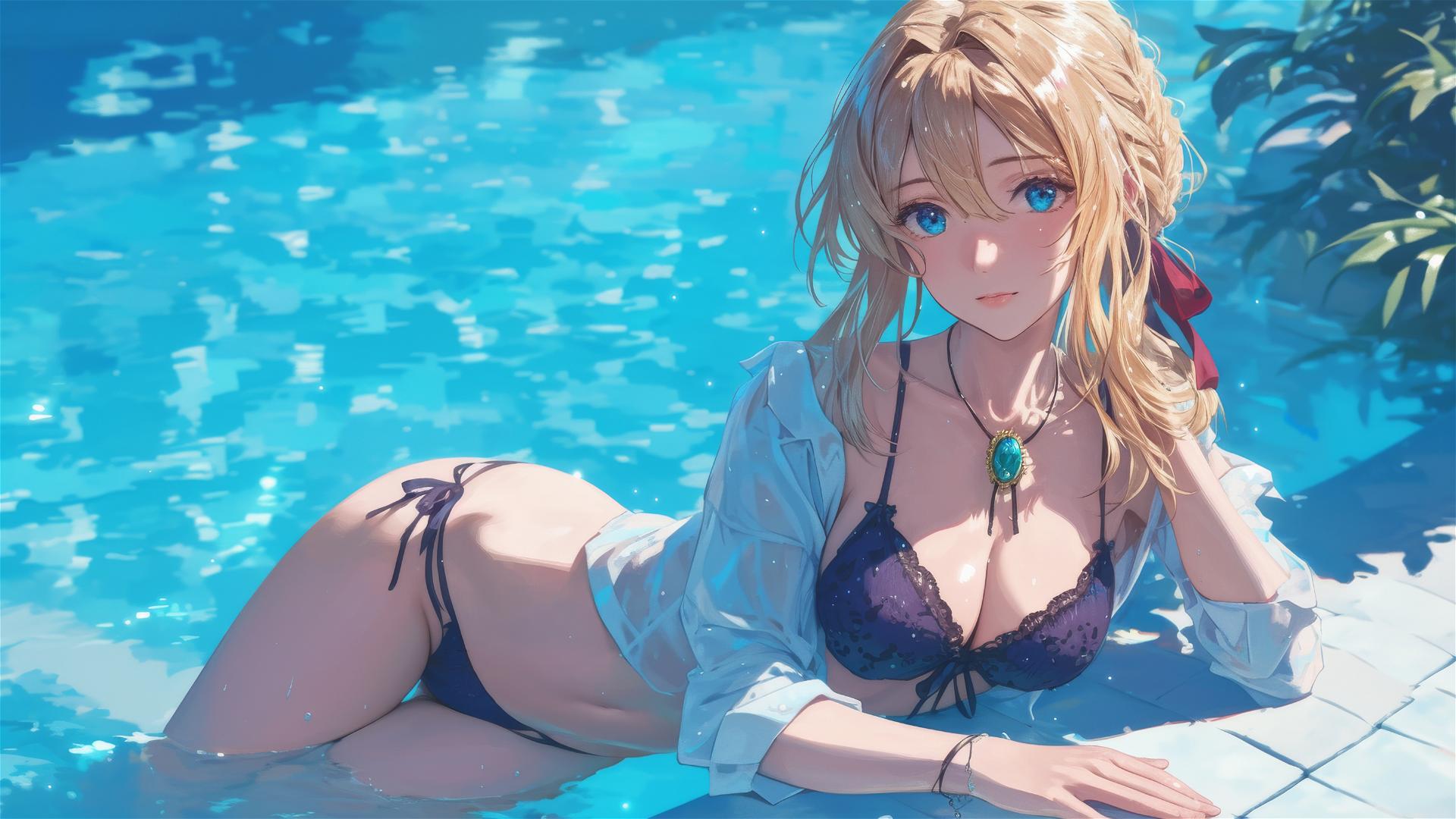 Violet Evergarden resting by pool under moonlight