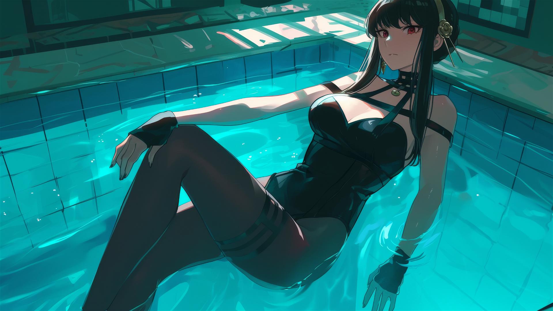 Yor Forger as a bunny girl swimming in moonlit pool from Spy x Family