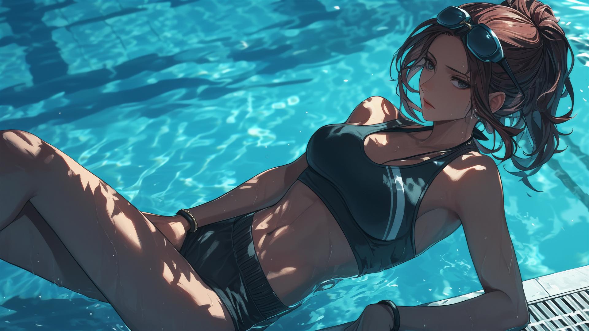 Sasha Blouse from Attack on Titan swimming in a pool by moonlight