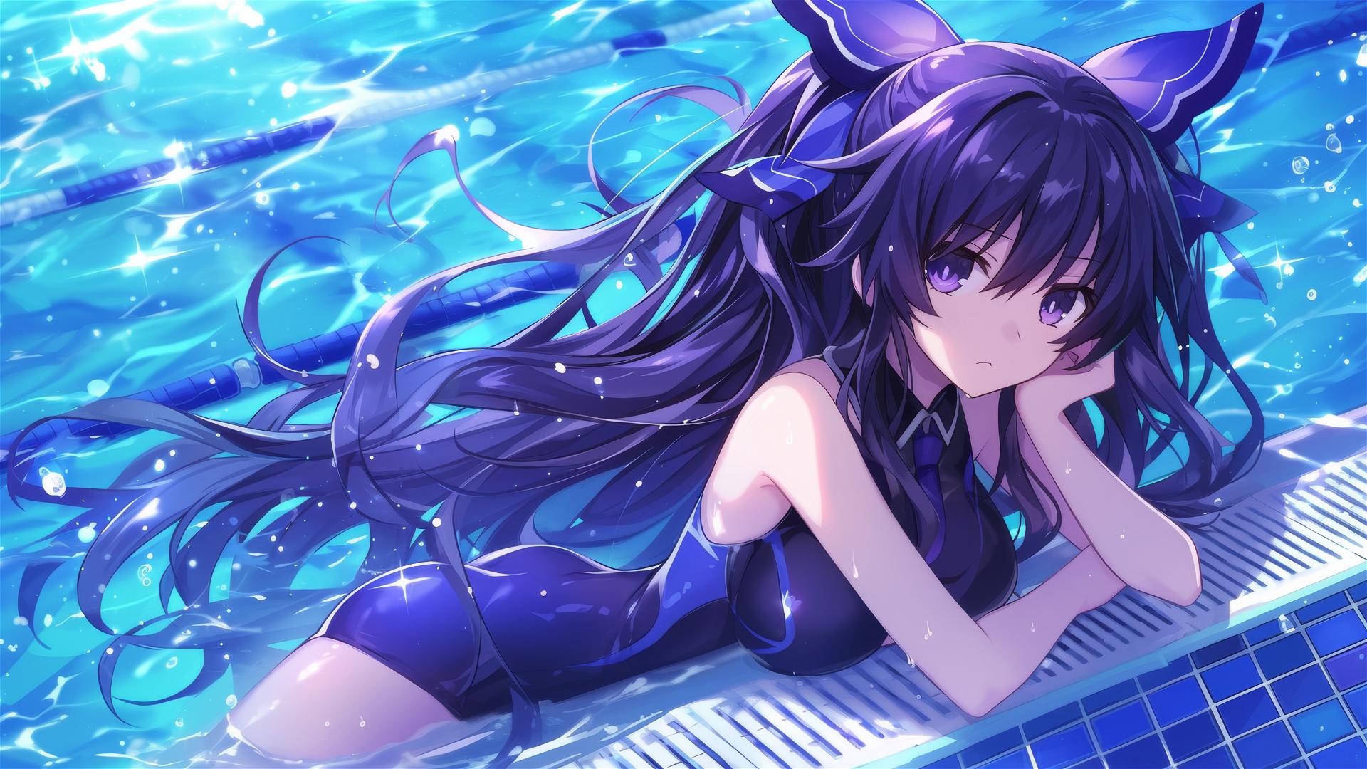 Tohka Yatogami by pool under moonlight with dark purple hair and eyes