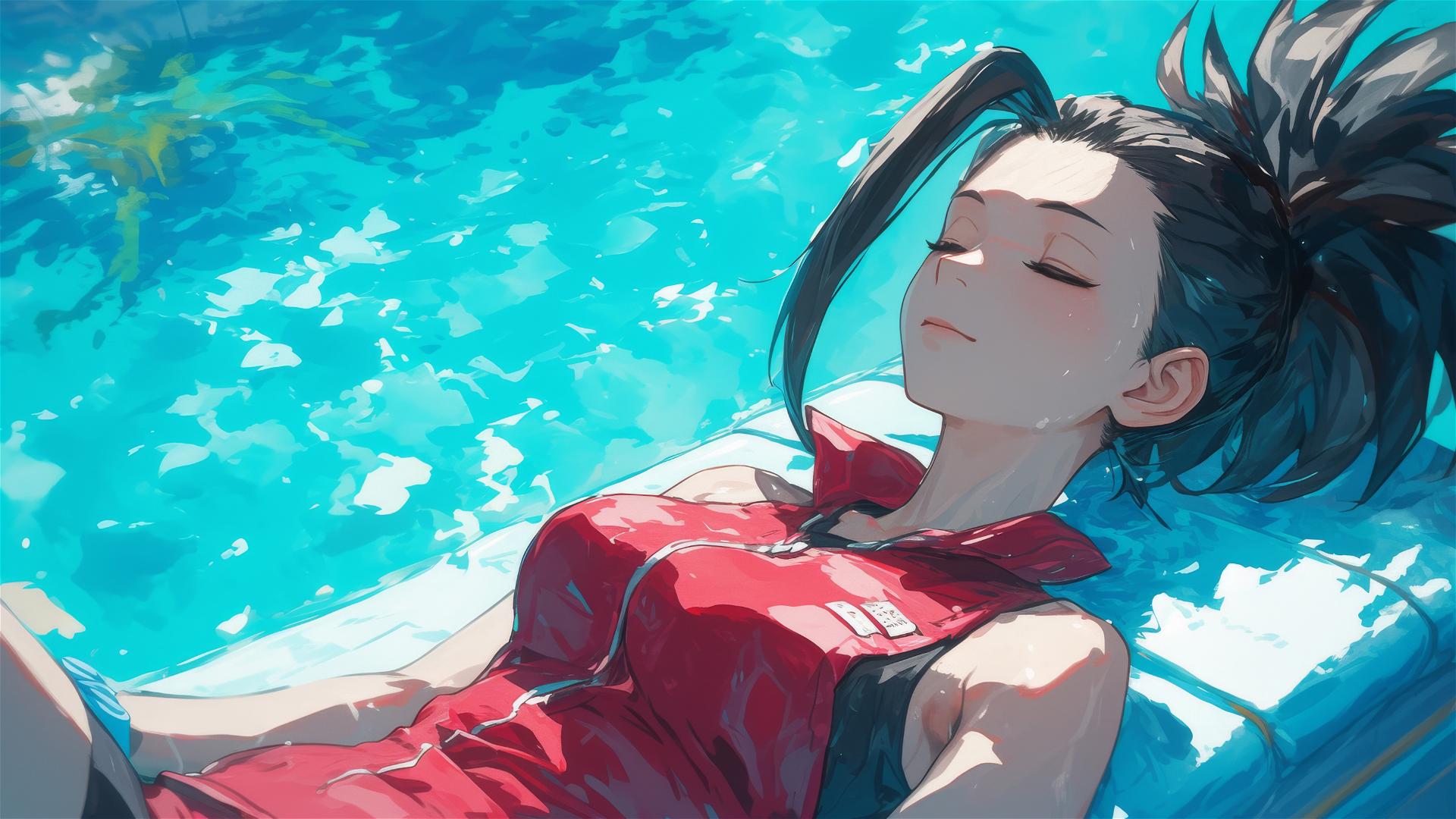 Momo Yaoyorozu from My Hero Academia resting by pool under moonlight