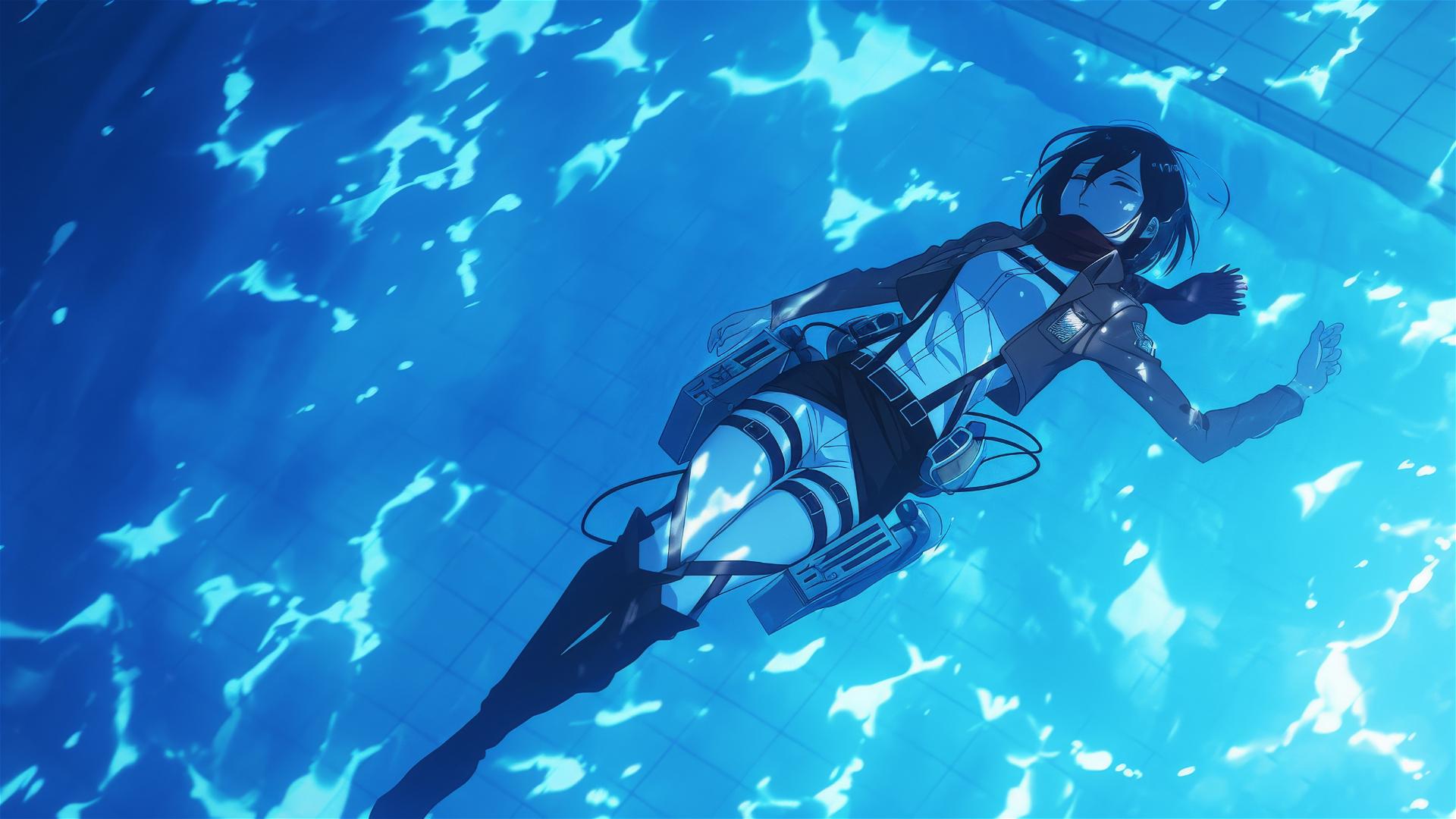 Mikasa Ackerman from Attack on Titan swimming in a moonlit pool