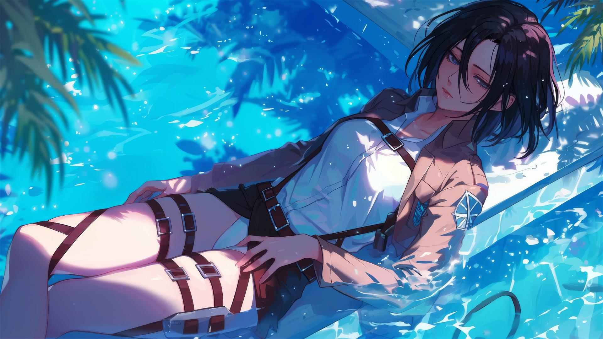 Mikasa Ackerman resting by pool under moonlight