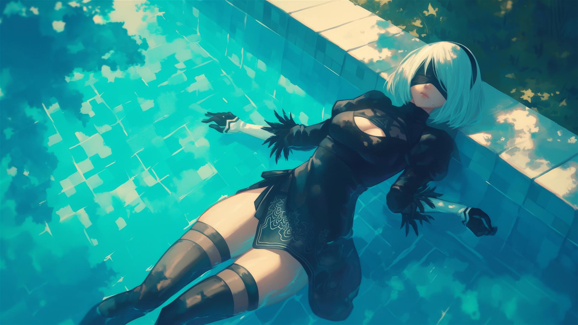 2B from Nier resting by pool under moonlight