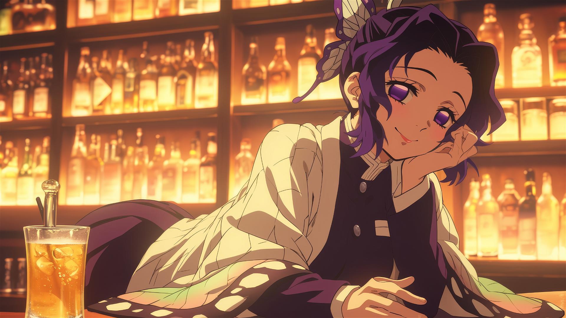 Shinobu Kocho from Demon Slayer lounging at a dimly lit bar