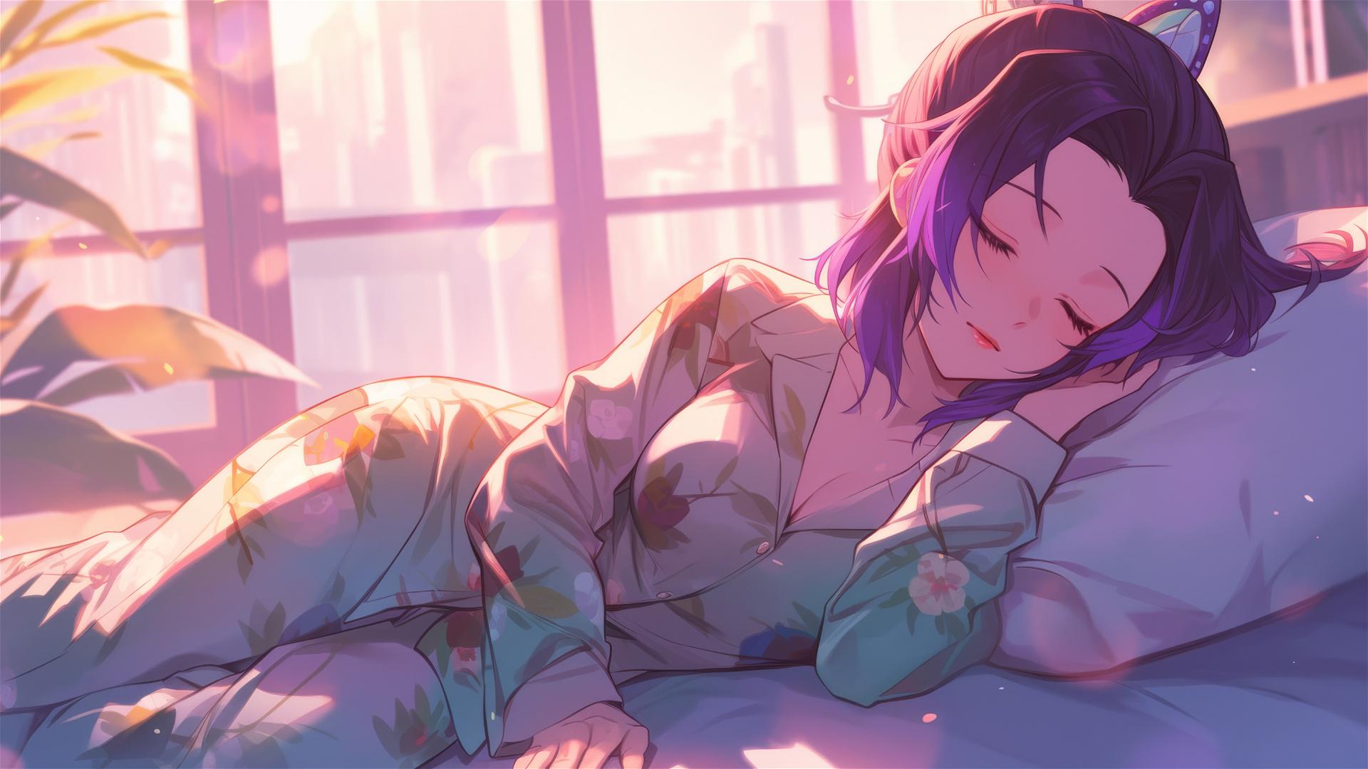Shinobu Kocho from Demon Slayer in silk pajamas at sunrise