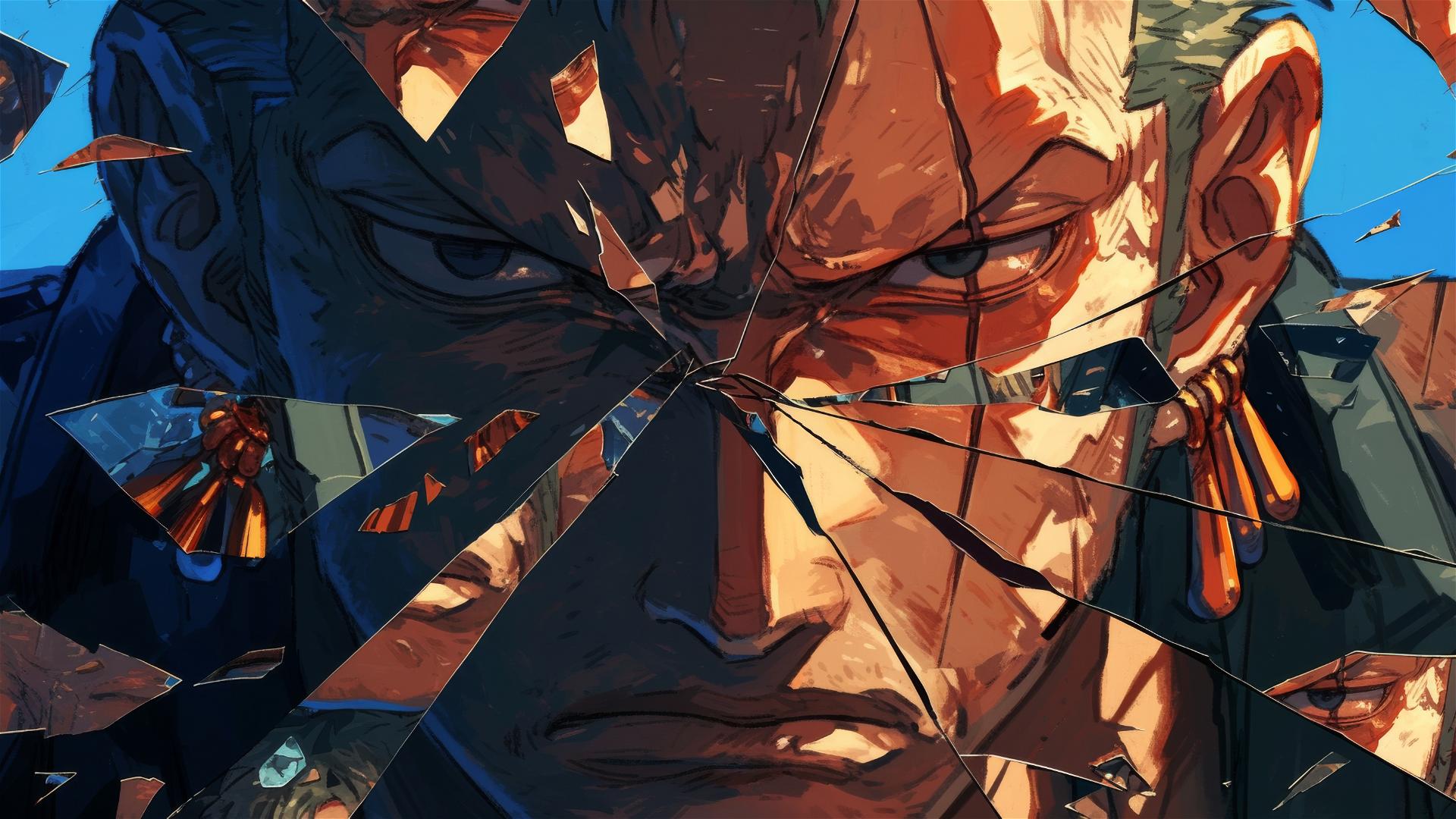Roronoa Zoro's stern visage reflected in stained glass shards