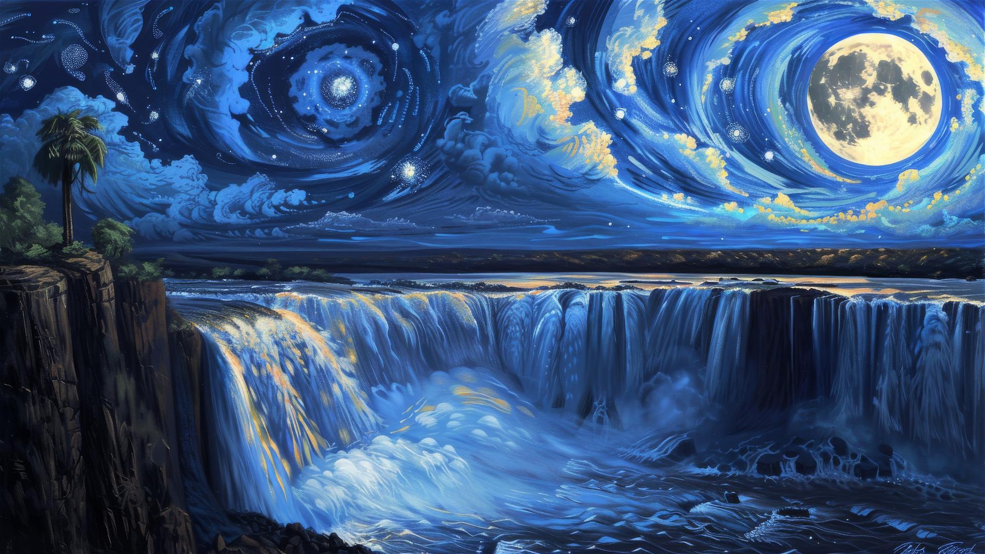 Victoria Falls by full moon, van Gogh-style intense blue sky