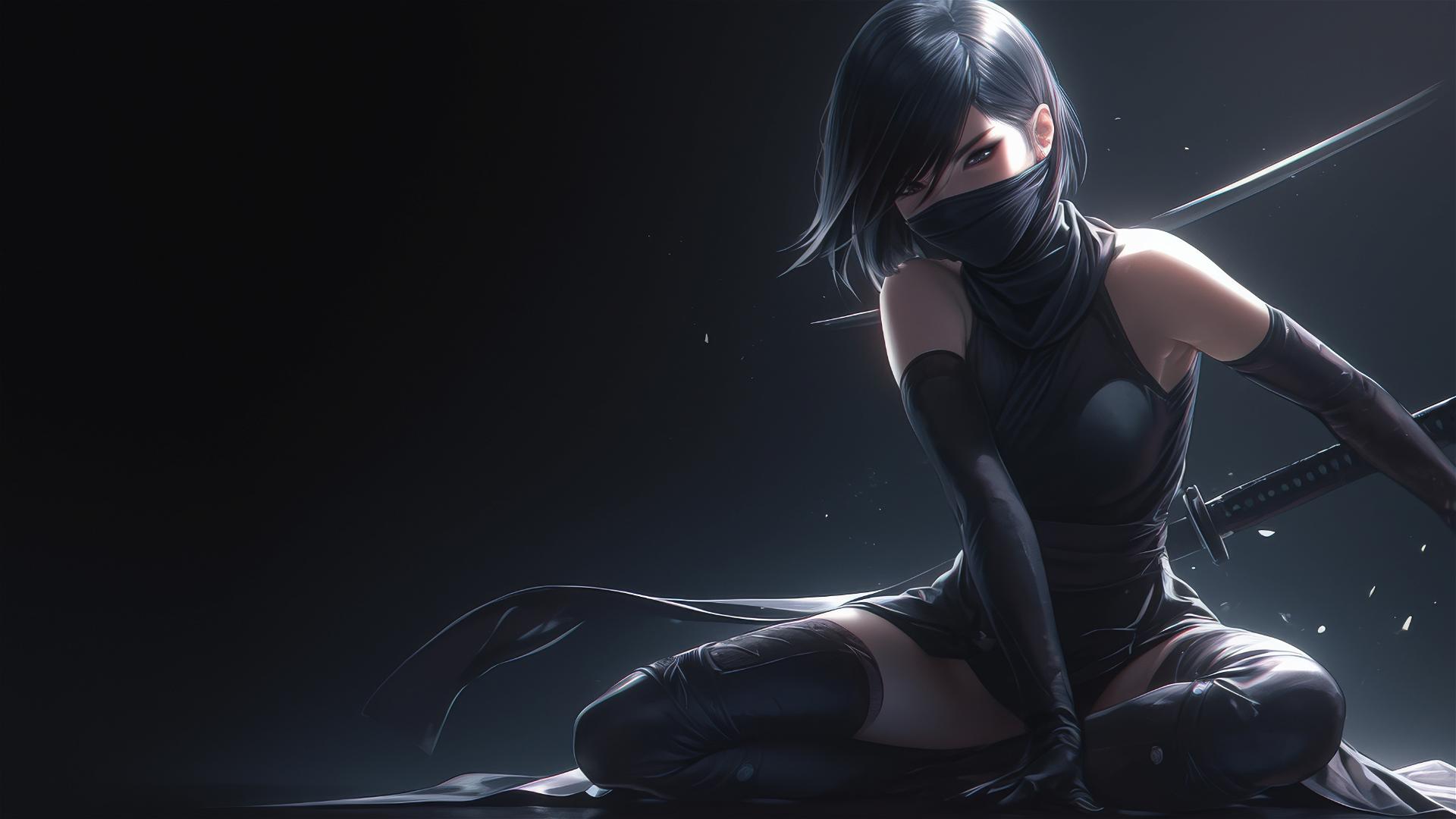 Ninja girl with short hair and dark mask in dynamic pose highlighting thigh against dark background