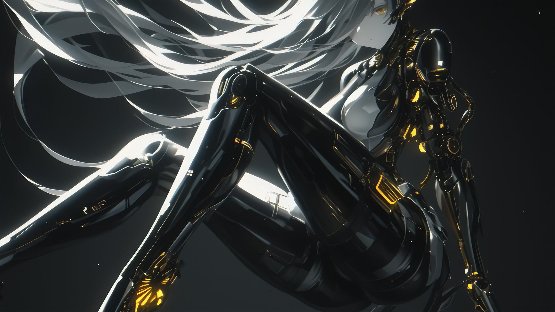 Cybernetic Agent Girl in dynamic pose with thigh focus on dark background