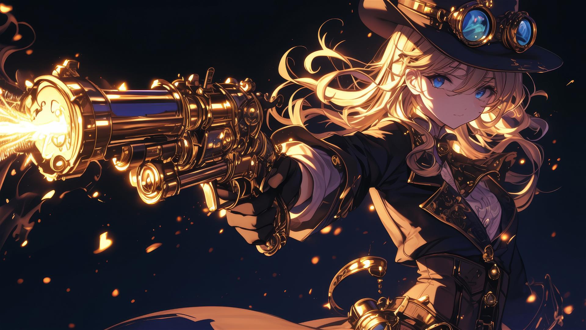 Steampunk adventurer girl in dynamic pose on dark background with spotlight effect
