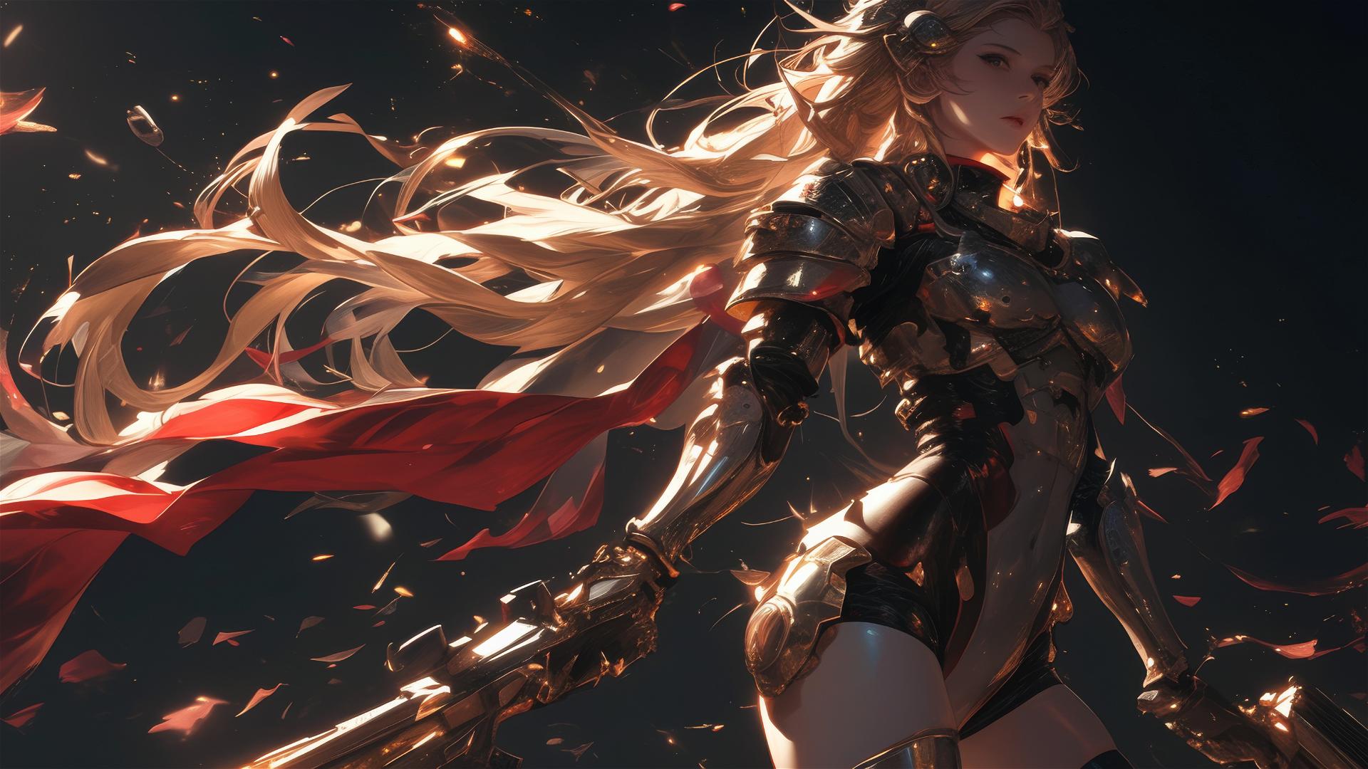 Space Marine Girl in dynamic pose with thigh focus on dark background
