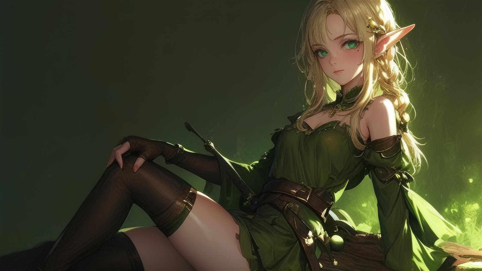 Fantasy Elf girl in dynamic pose with highlighted thigh on dark background