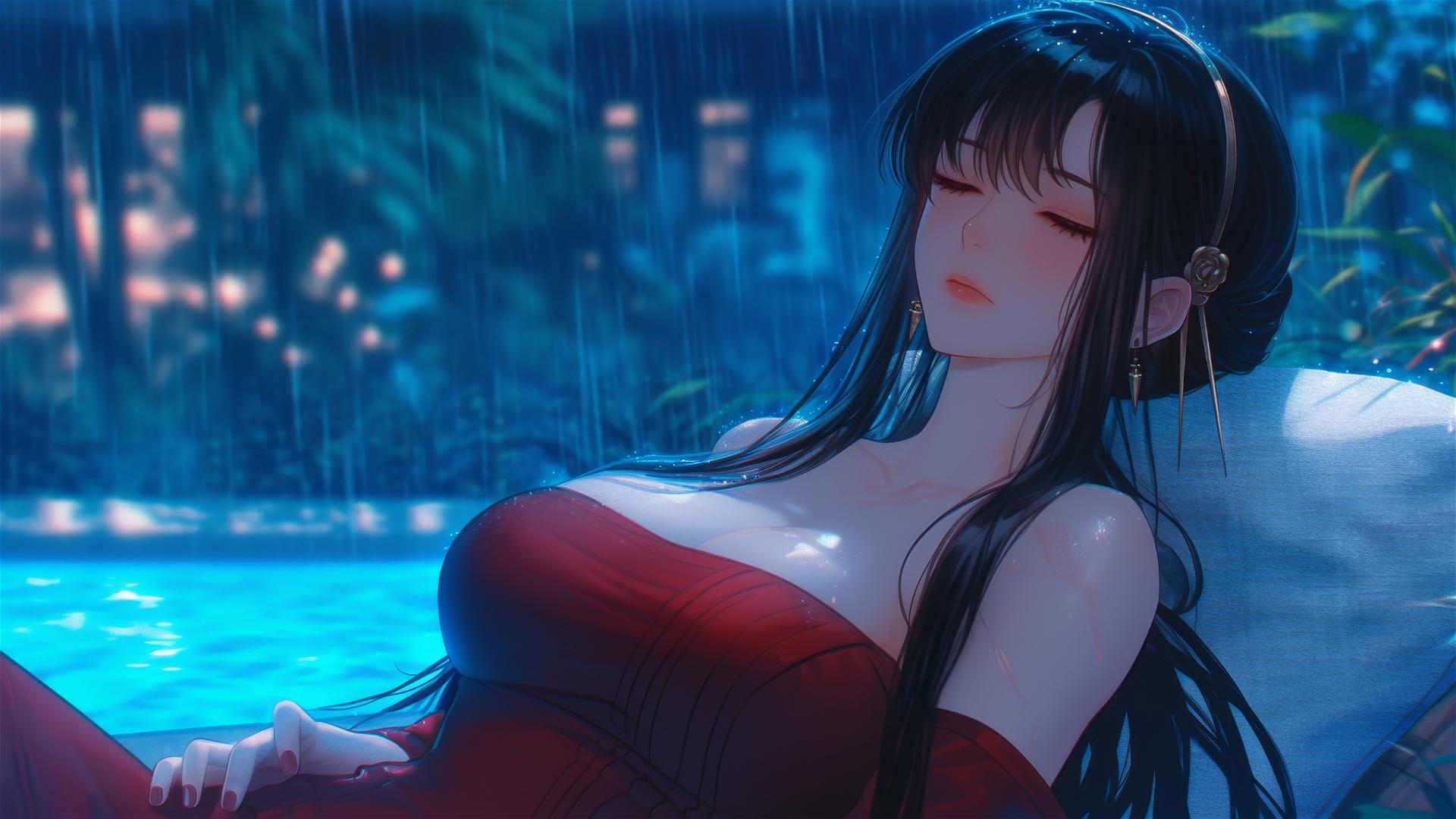 Yor Forger from Spy x Family resting by pool with moonlight and rain