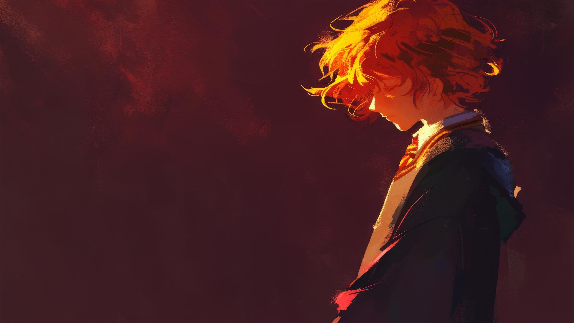 Artistic image of Ron Weasley with red hair on dark background highlighted by spotlight